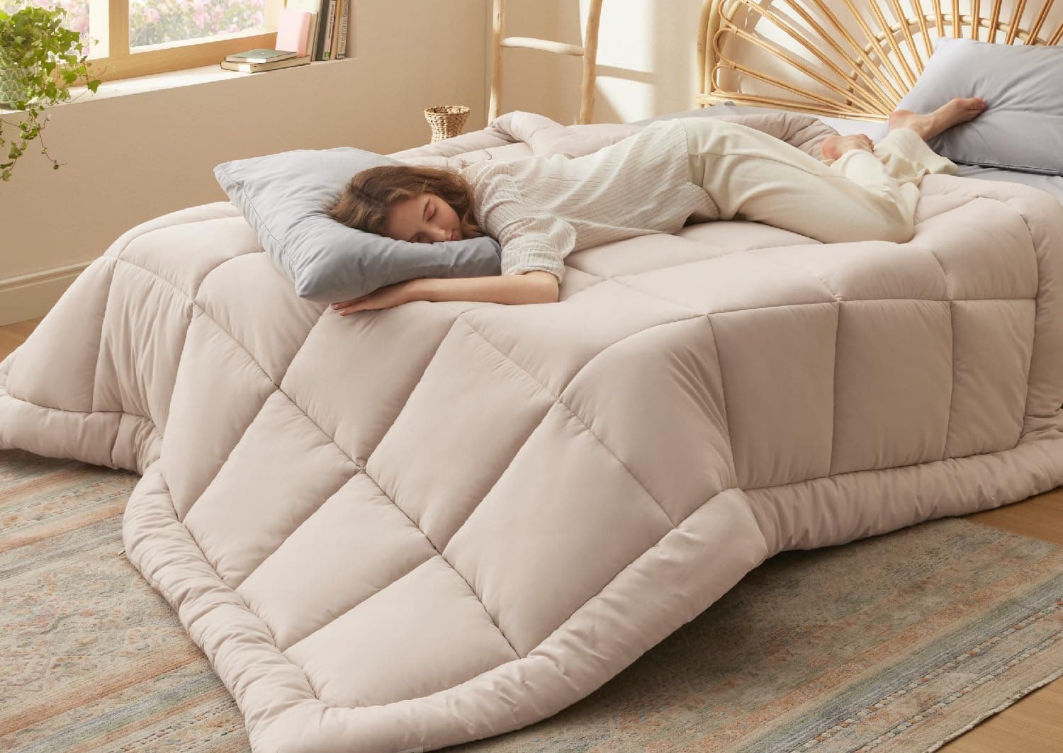 Comforter Duvet Insert - Quilted Comforters Queen Size, All Season Duvet, GentleSoft Down Alternative Bedding, with 8 Tabs, Gifts for Women/Men, Beige, Queen 88 x 88 Inches