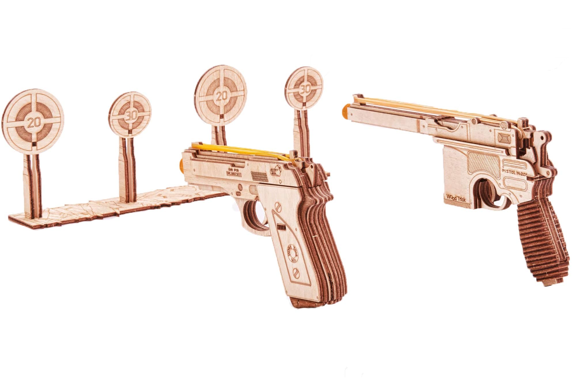 Wood Trick Wooden Guns Set with Targets Shooting Range, Pistol Toy Guns for Adults Set - 3D Wooden Puzzles for Adults to Build