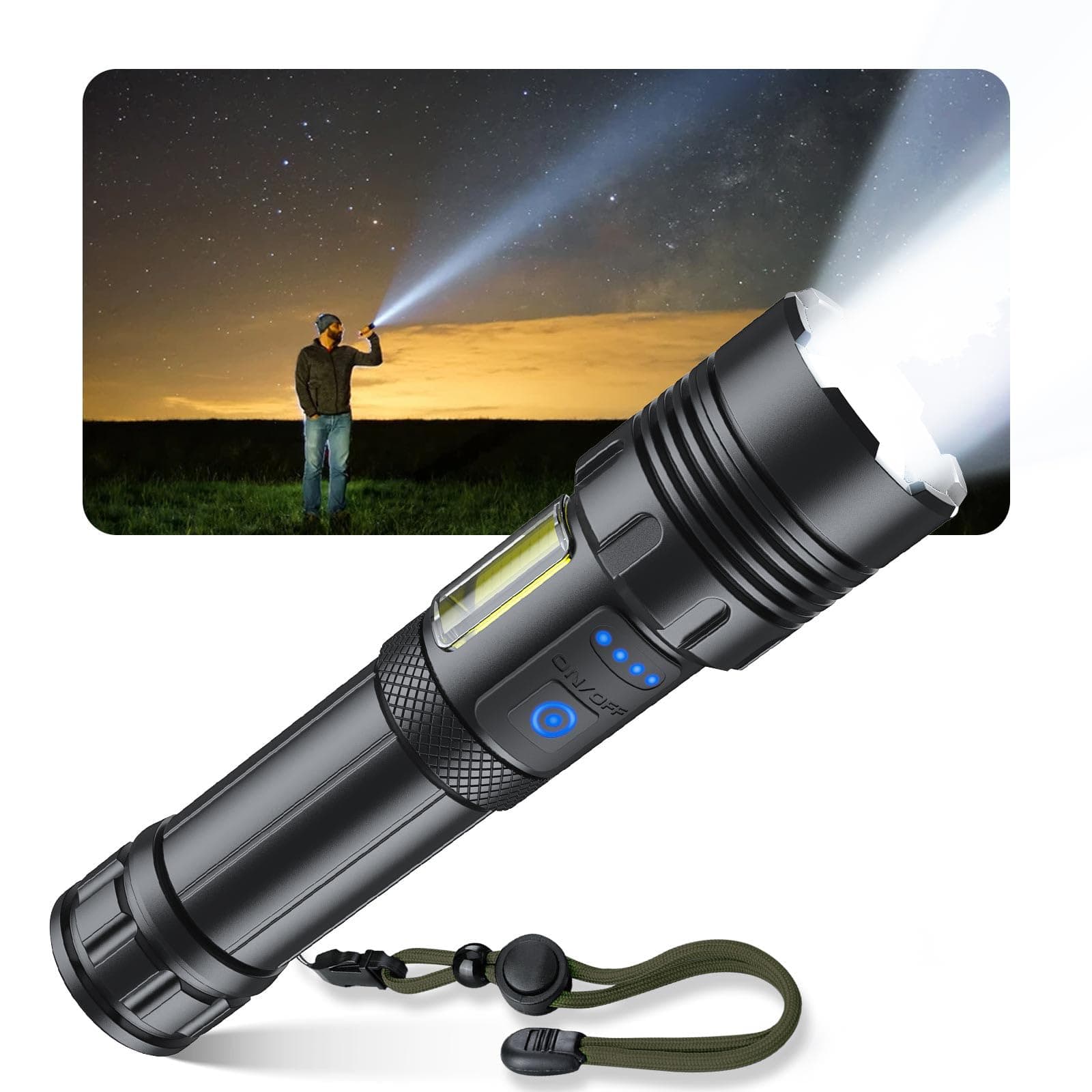 Flashlight, Powerful (Disaster Prevention Surveillance, Ultra Bright, XHP 160 Chip), 5,000 mAh, Large Capacity Battery, Military, Strongest, Type-C Rechargeable, Compatible with AAA Batteries, Handy Light, COB Work Light, IPX6 Waterproof, 7 Modes, Dimmable, Zoom Type, Shockproof, Remaining Charge Function, For Work, Power Outages, Earthquakes, Evacuation, Disaster Prevention