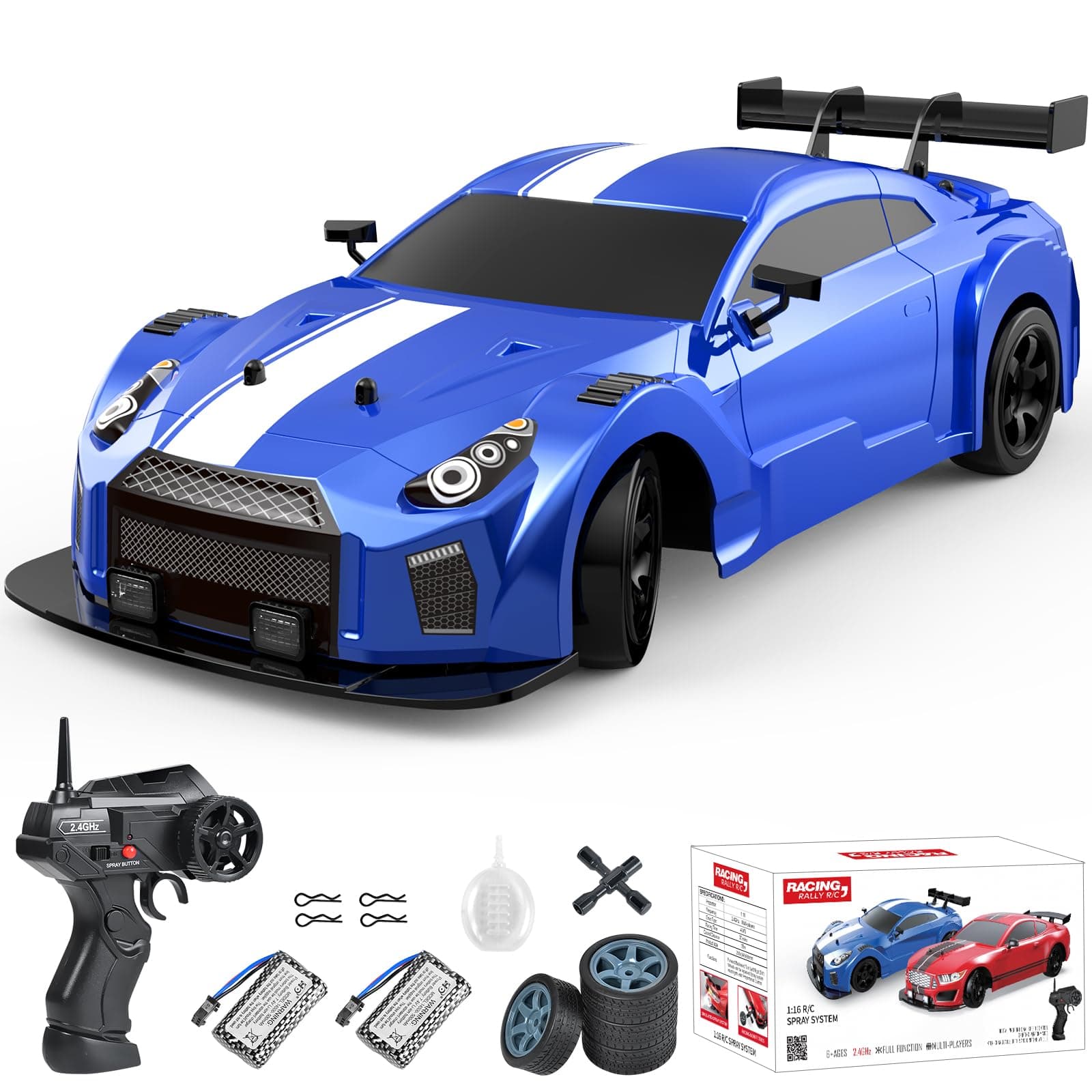 Dollox RC Drift Car 1/16 Scale Remote Control Car 2.4GHz 4WD High Speed 18+KM/H Vehicle with LED Lights and Spray, Extra Drifting Tires Racing Vehicle Toys Birthday Gifts for Adults Boys, 2 Batteries