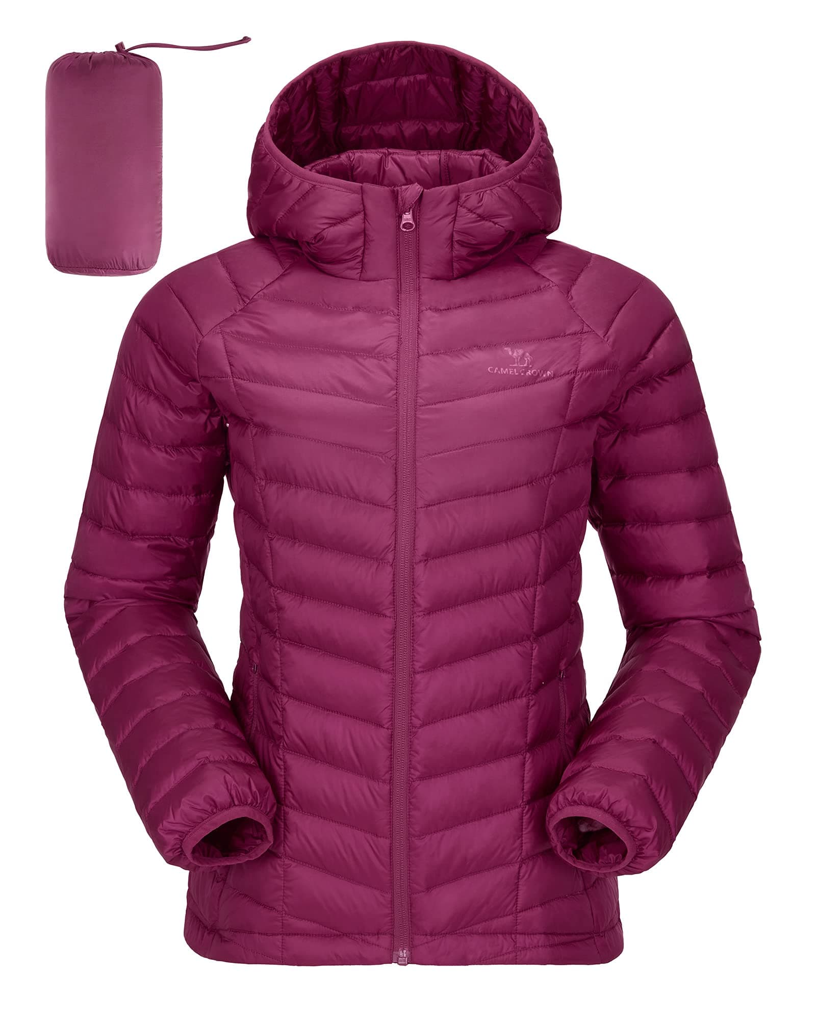 CAMELSPORTS Women's Down Jacket Hooded Winter Light Weight Short Puffer Coats Packable Warm Windproof Ladies Parka