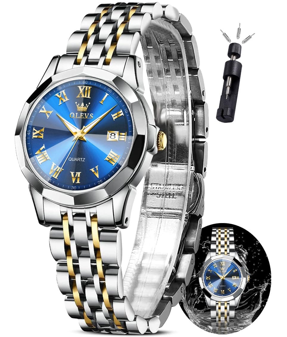 OLEVS Women Watch, Small Face Stainless Steel Strap Round Watch for Ladies, Roman Numerals Luxury Diamond Watch Waterproof Analog Quartz with Date Watch for Women