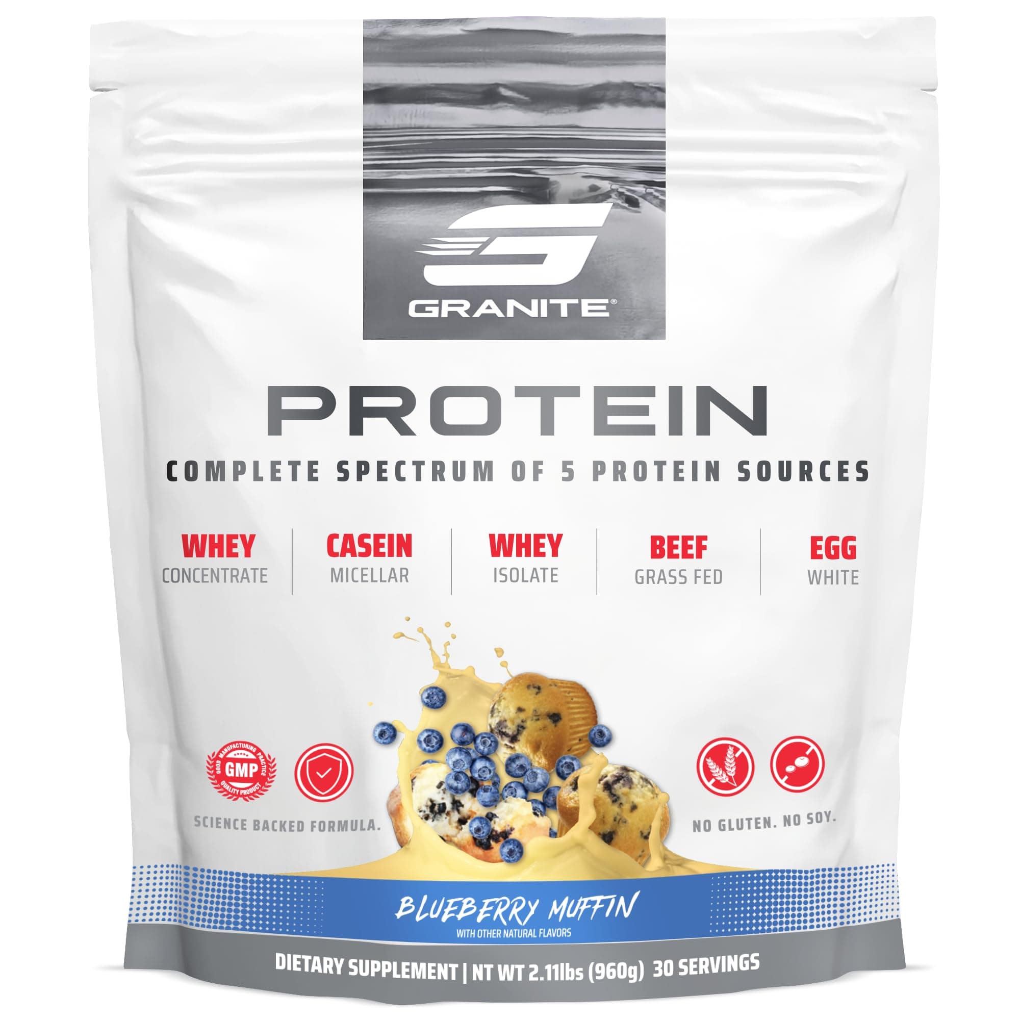 Granite Nutrition Protein Powder - Premium 5-Source Blend (Whey, Casein, Egg, Grass-Fed Beef) for Lean Muscle and Recovery - Blueberry Muffin Flavor, 30 Servings
