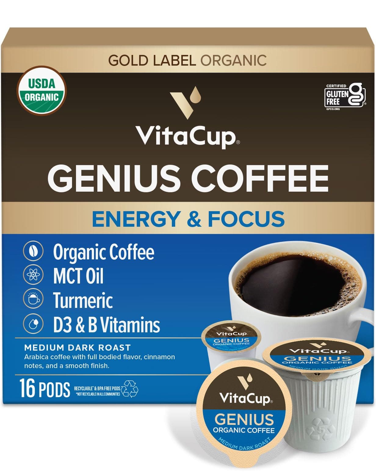 - VitaCup Organic Genius Keto Coffee Pods, Increase Energy & Focus w/MCT Oil, Turmeric, B Vitamins, D3, Medium Dark Roast, Bold, Smooth, Single Serve Pod Compatible w/Keurig K-Cup Brewers, 16 Ct.