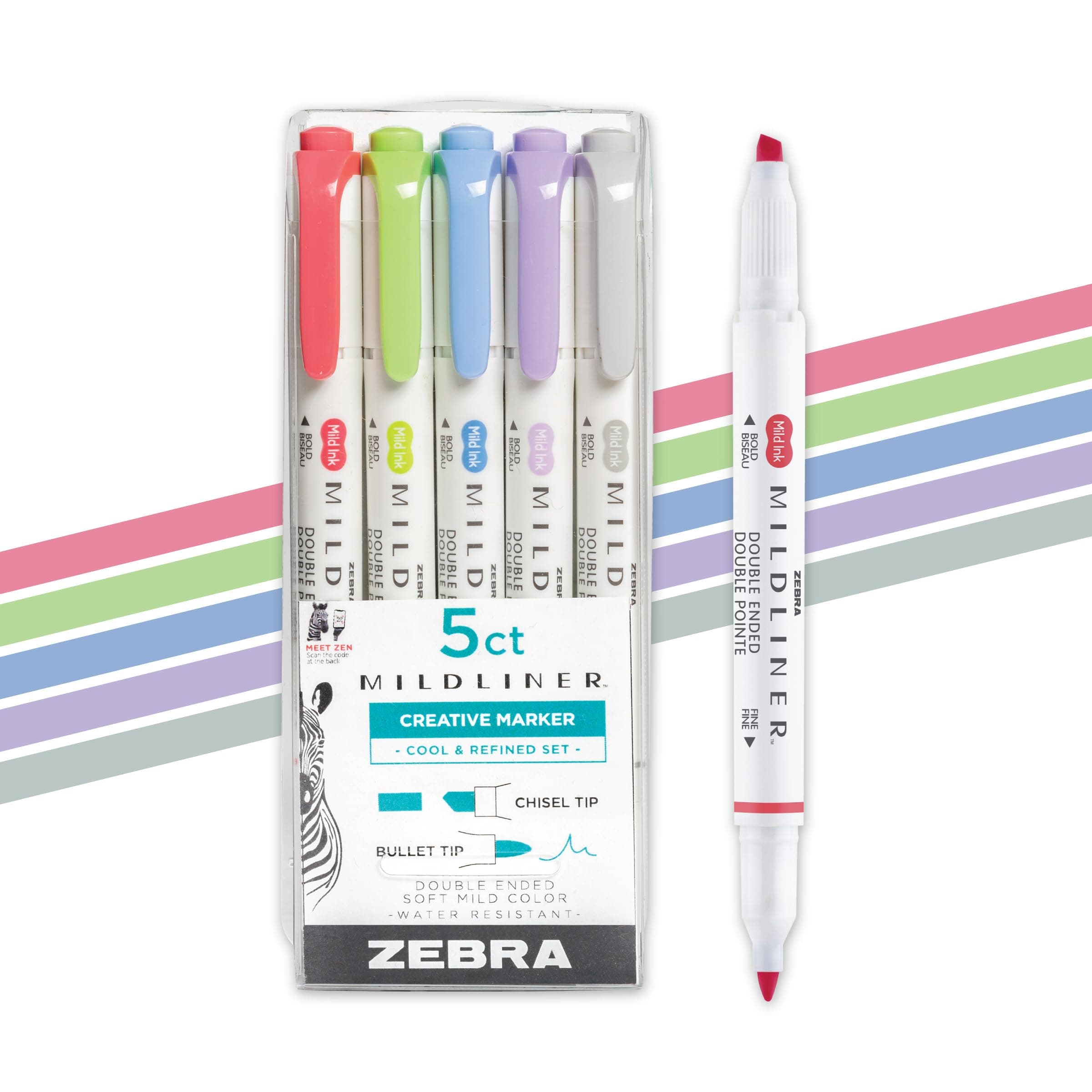 Zebra Pen Mildliner Dual-Tip Highlighter Set, Broad and Fine Tips, No Bleed, Ideal for Bible Highlighting, Journaling and Note-Taking, Assorted Cool and Refined Ink Colors, 5-Pack (78205)