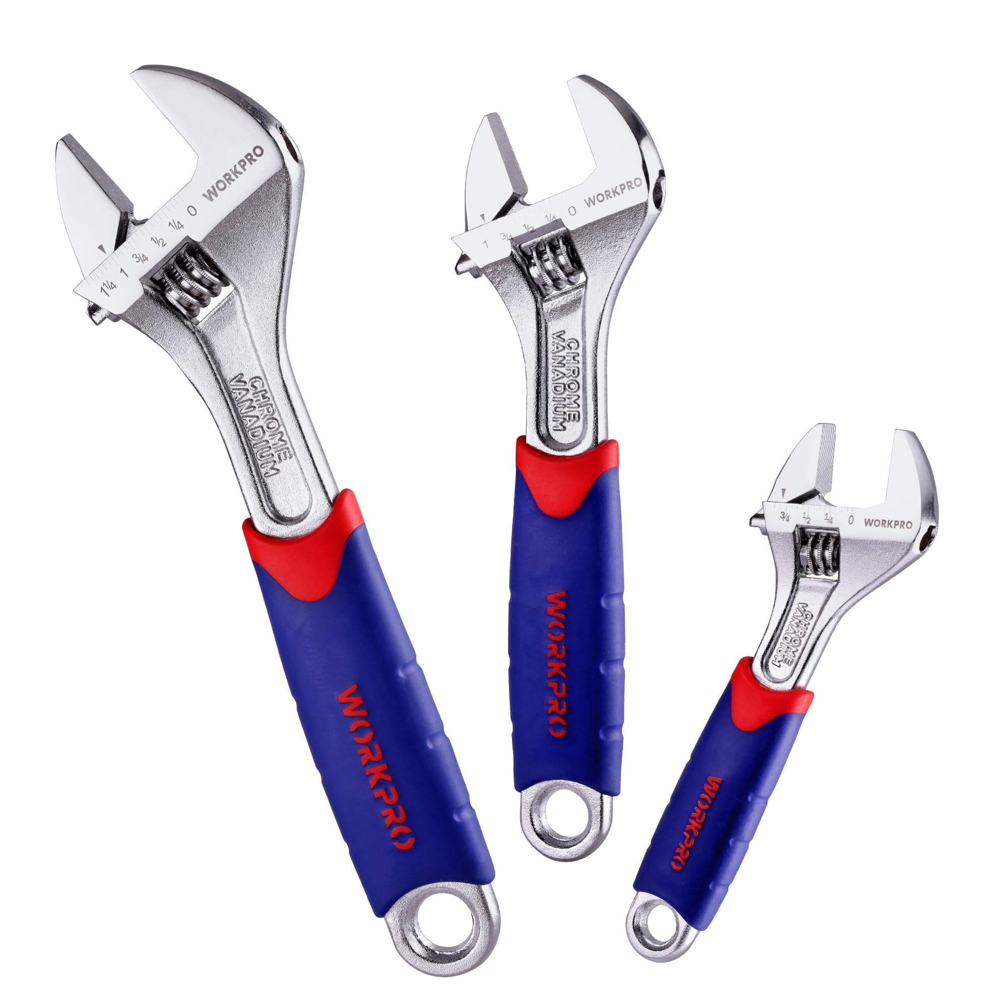 WORKPRO 3-piece Adjustable Wrench Set CR-V with Rubberized Anti-Slip Grips 6-inch, 8-inch, 10-inch