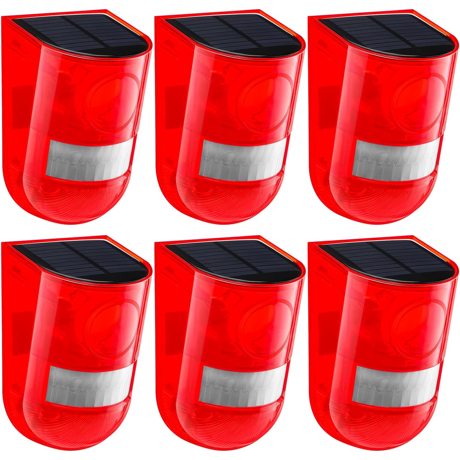 Qualirey Solar Sound and Light Alarm Motion Sensor 129db Outdoor Security Siren Waterproof Activated Detector Driveway Alarm 6 LEDs Flash Warning Deterrent Strobe System for Home, Farm(Red,6 Pack)