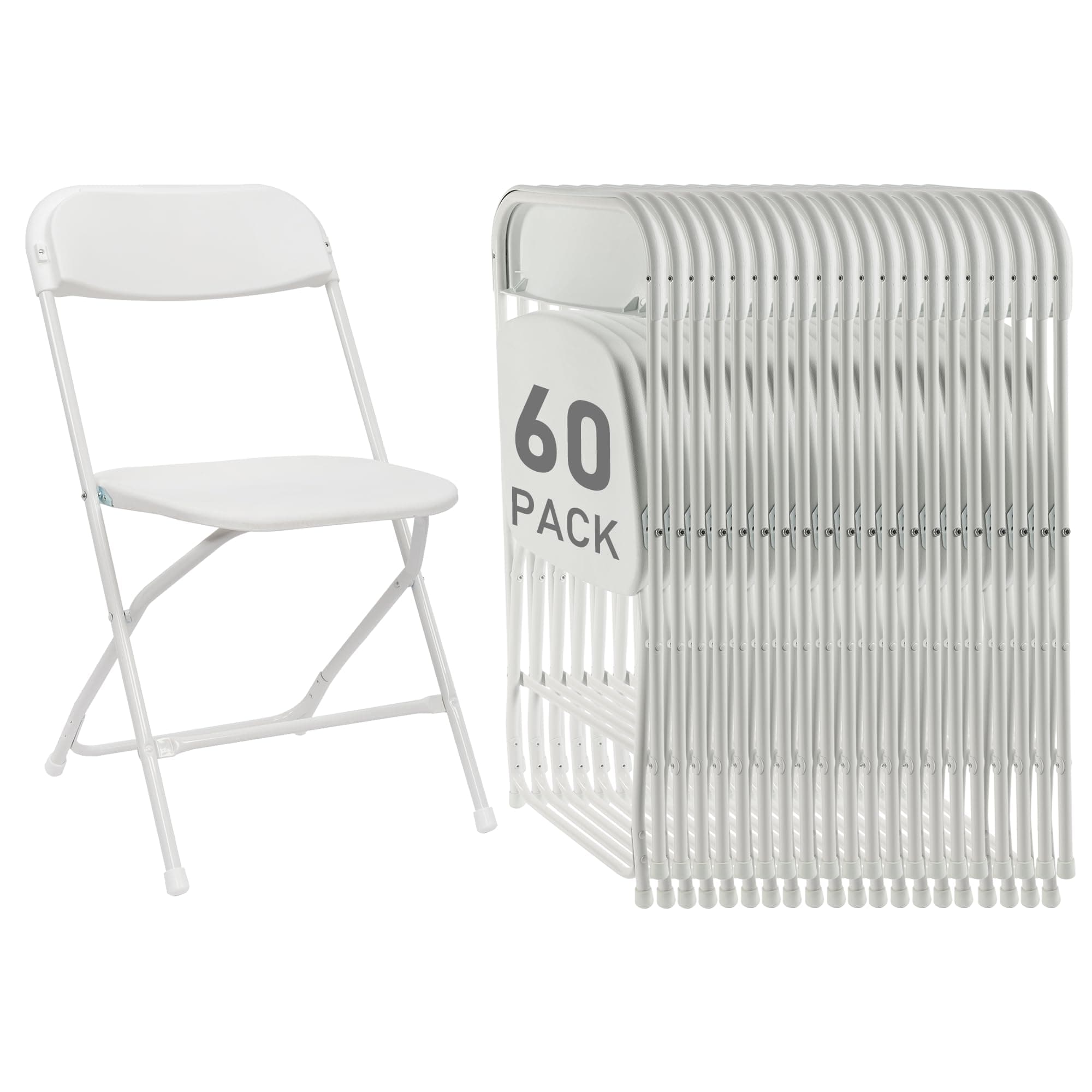 60 Pack White Plastic Folding Chairs, Portable Party Chairs, Stackable Commercial Seats with Steel Frame for Home Office Wedding Party Indoor Outdoor Events Chairs, 350lbs Capacity