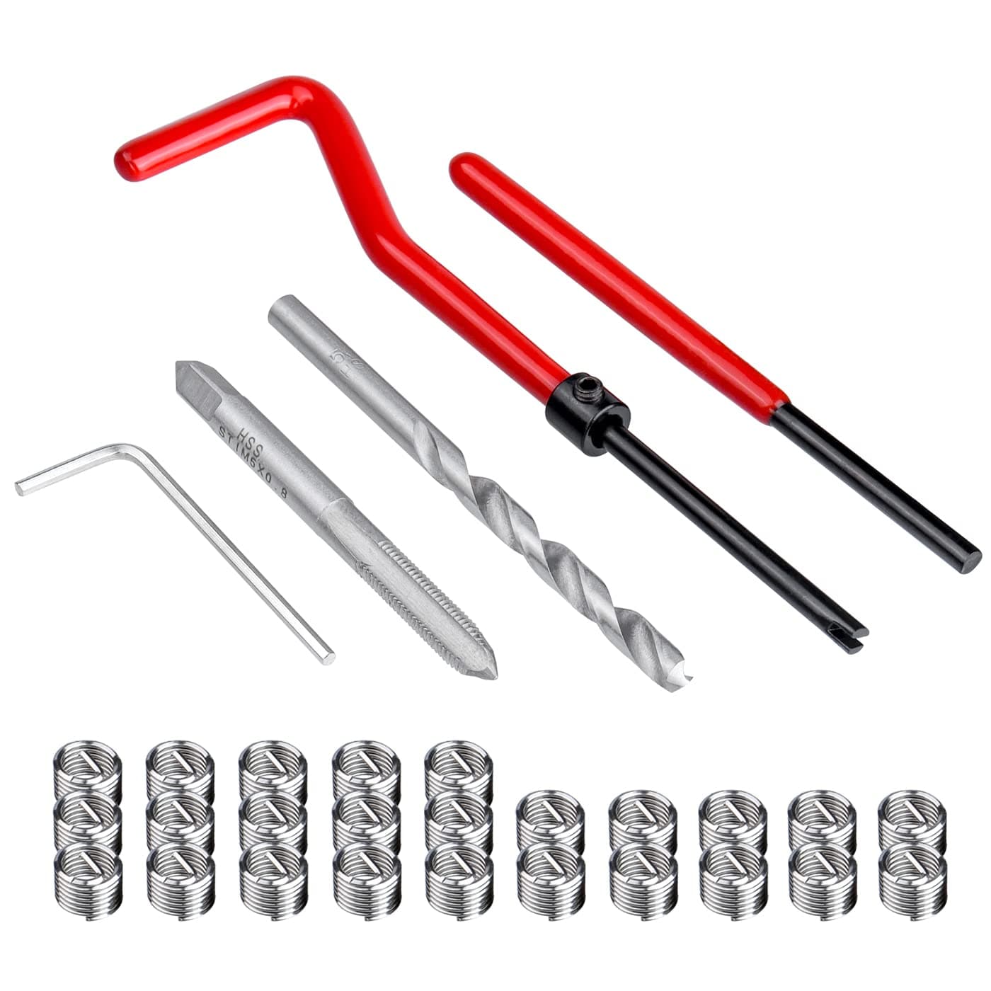 Mesee30 Pieces Thread Repair Tool Kit Metric Helical Coil Inserts M5 x 0.8mm HSS Drill Screw Tap Stripped Thread Rethreading Repairing Tool for Helicoil Type Internal Screw Holes Repairing