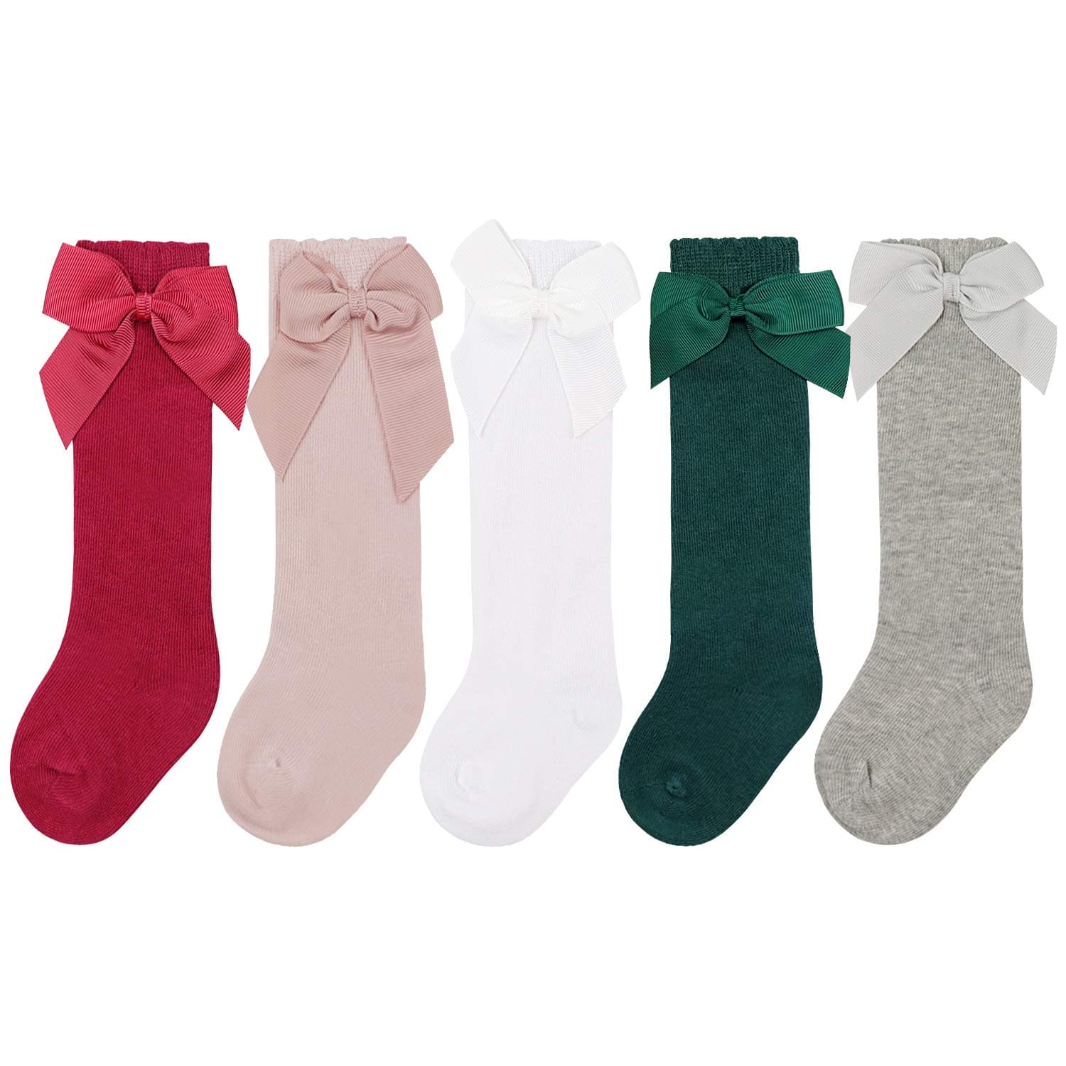 5 Pack Baby Knee High Socks Cable Knit Long Cotton Stockings with Bow Toddler Dress Socks for Baby Infant Boys Girls, 5 Pairs: Red, White, Green, Grey, Pink, 9-18 Months