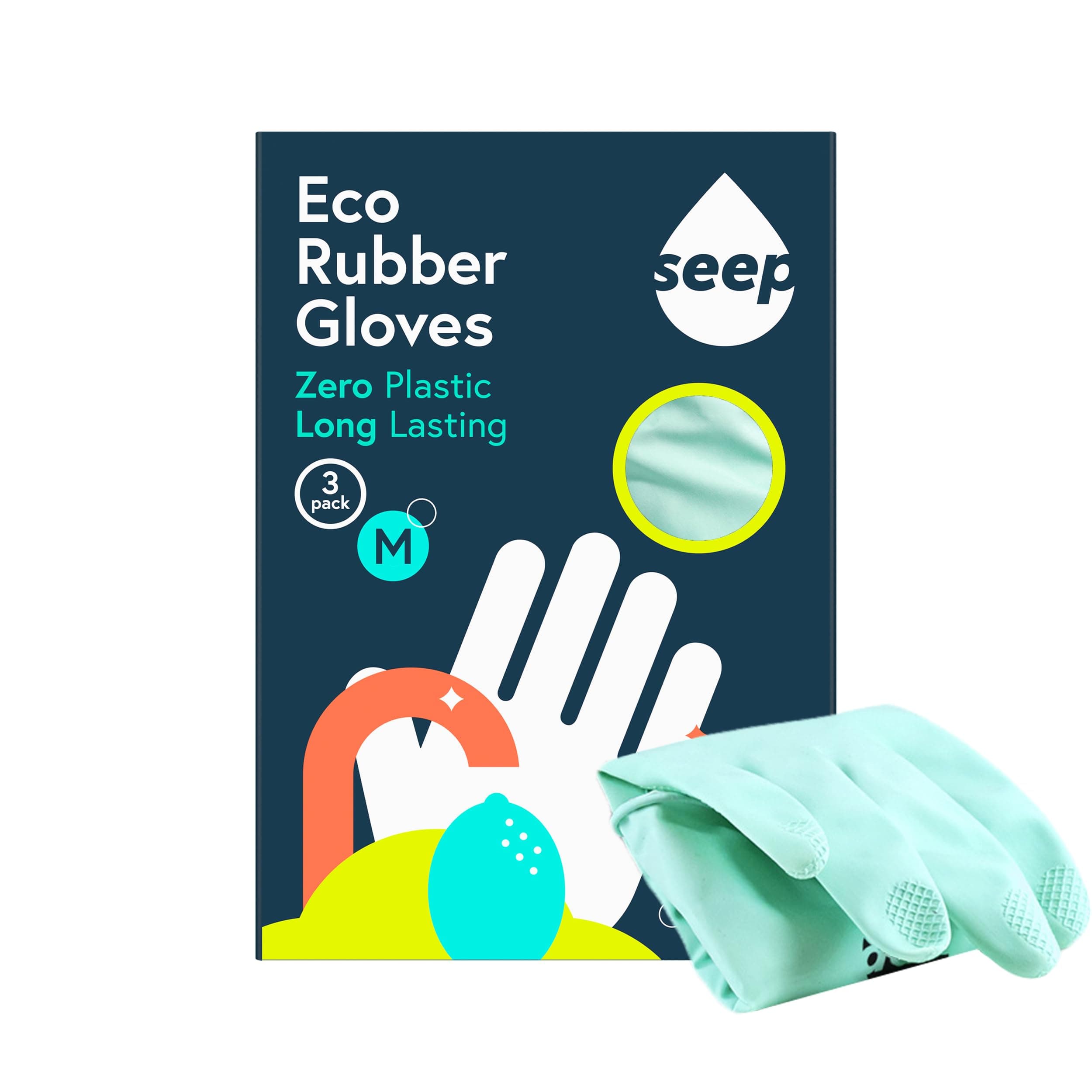 SEEP Eco Medium Rubber Kitchen Gloves - 3 Pack - Washing Up Gloves Made Using Compostable Rubber - Multi-purpose Household - FSC & Fair-trade Certified, Turquoise