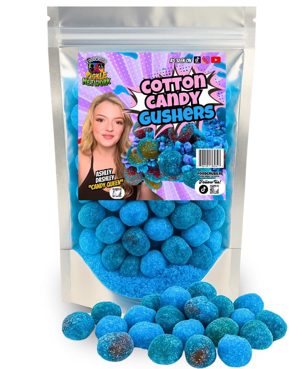 Cotton Candy Gushers Candy Snacks From Tiktok-Ashley Dashley's (3/4 LB) Fruit Filled Gummies Coated W/Cotton Cqndy Crunch Powder-Trend Items by Food Crush