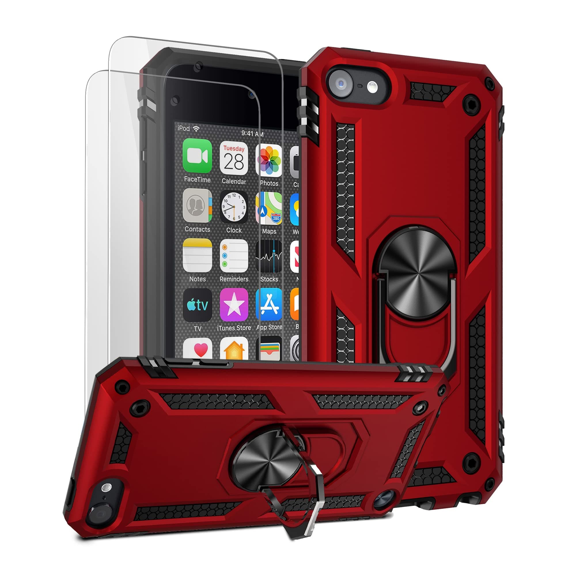 iPod Touch 7 Case, iPod Touch 6 Case, Hybrid Rugged Shockproof Cover with Built-in Kickstand for Apple iPod Touch 7th/6th/5th Generation (Red)