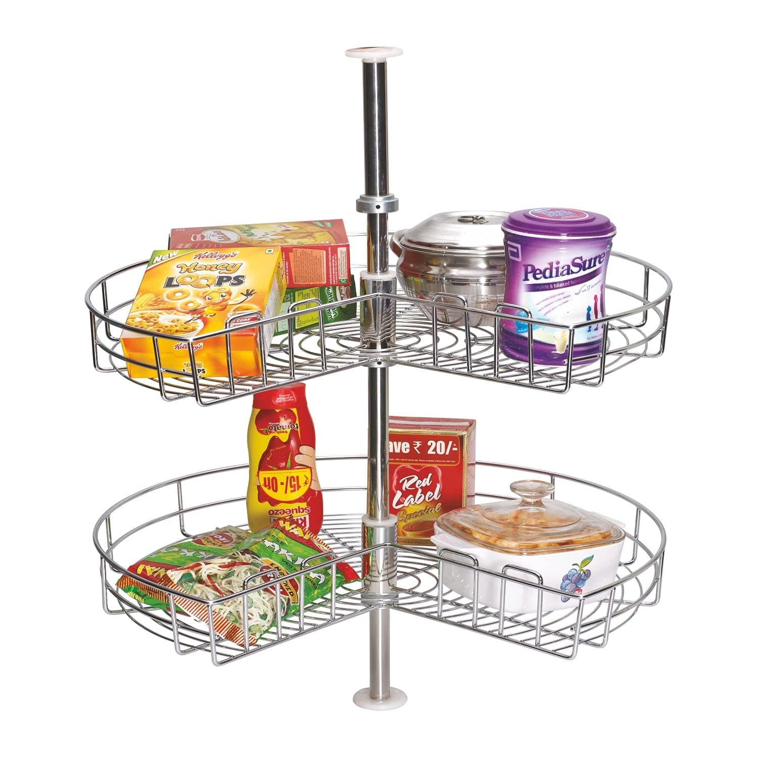 Stainless Steel 2 Shelf Kitchen Corner Cabinet Organizer/Modular Kitchen Basket/Multifunctional Storage Rack/Adjustable Height Kitchen Carousel Unit (Carousel 20 Inch)