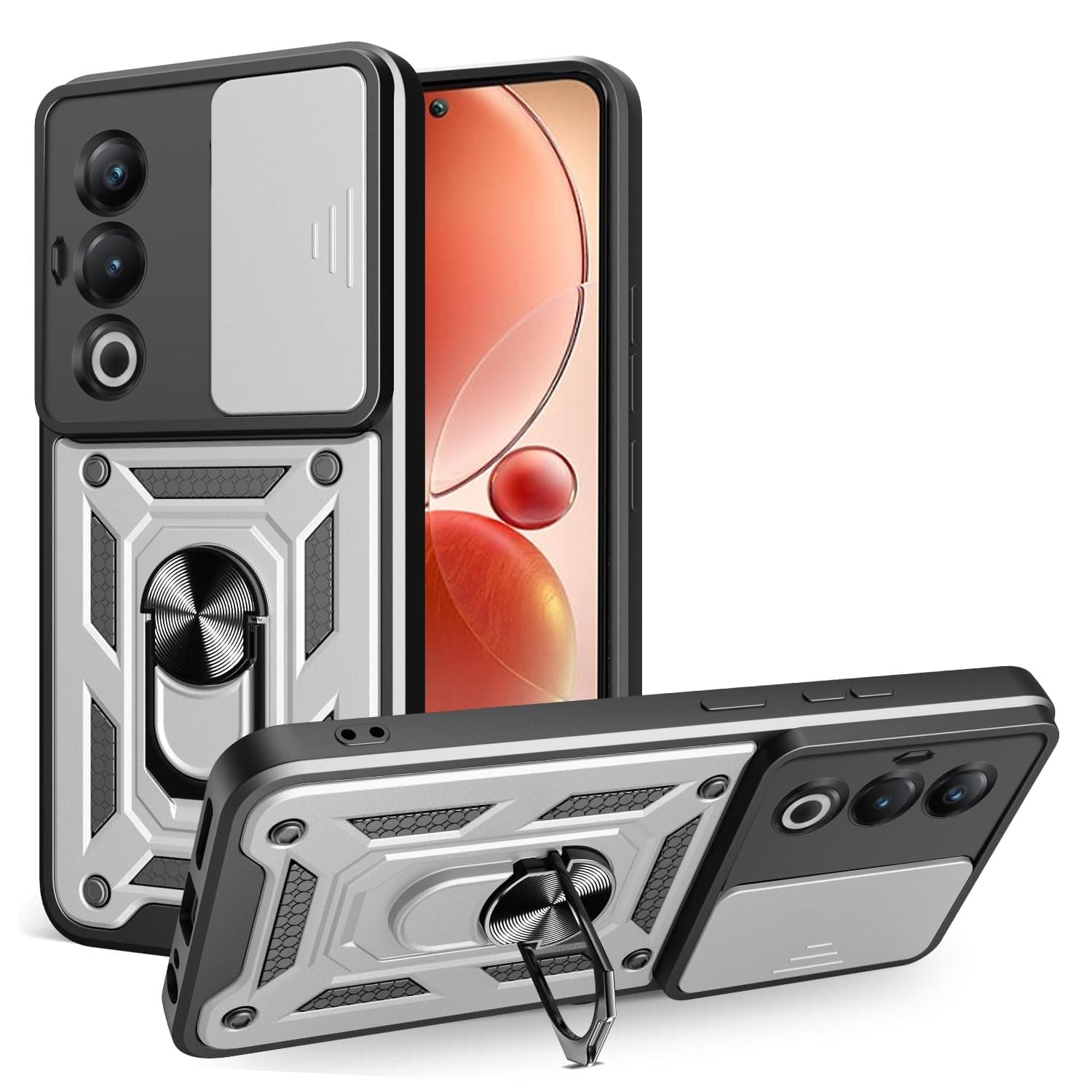Cover for itel S25 4G Protective Case Premium Armor Design Bumper Shell with Slide Camera Cover with Ring Kickstand Protection Hard PC Shockproof Phone Case for itel S25 4G,Silver