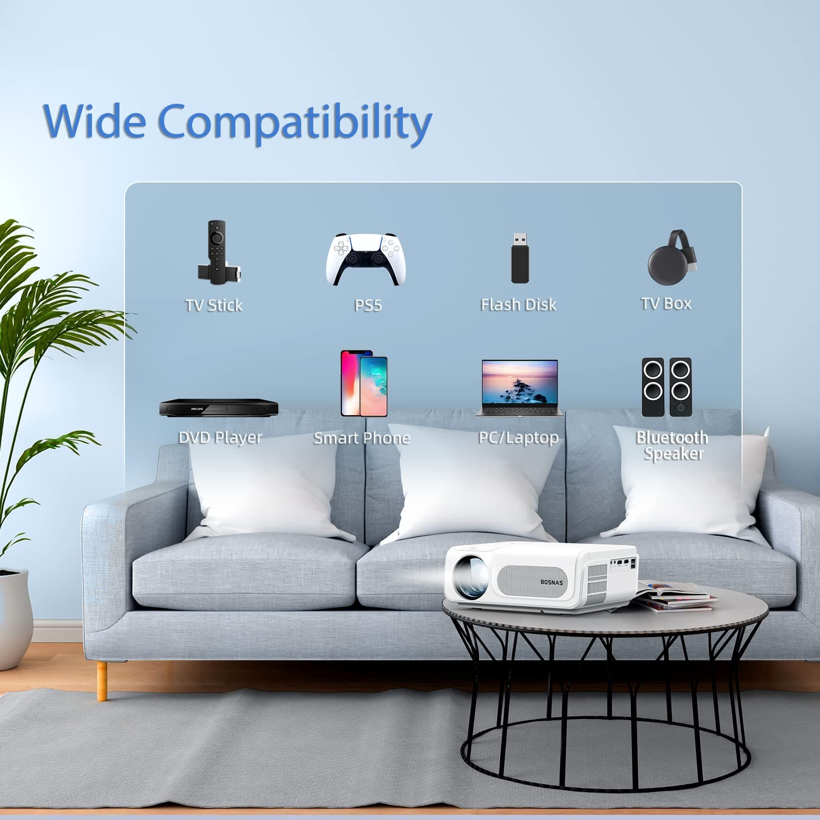 WiFi Projector 9500 Lux, Native 1080P Bluetooth Projector Full HD, BOSNAS C50 Projector Home Cinema, 4K Video Support, Supports HDMI TV Stick PS5 Xbox Laptop, iOS/Android Smartphone Projector