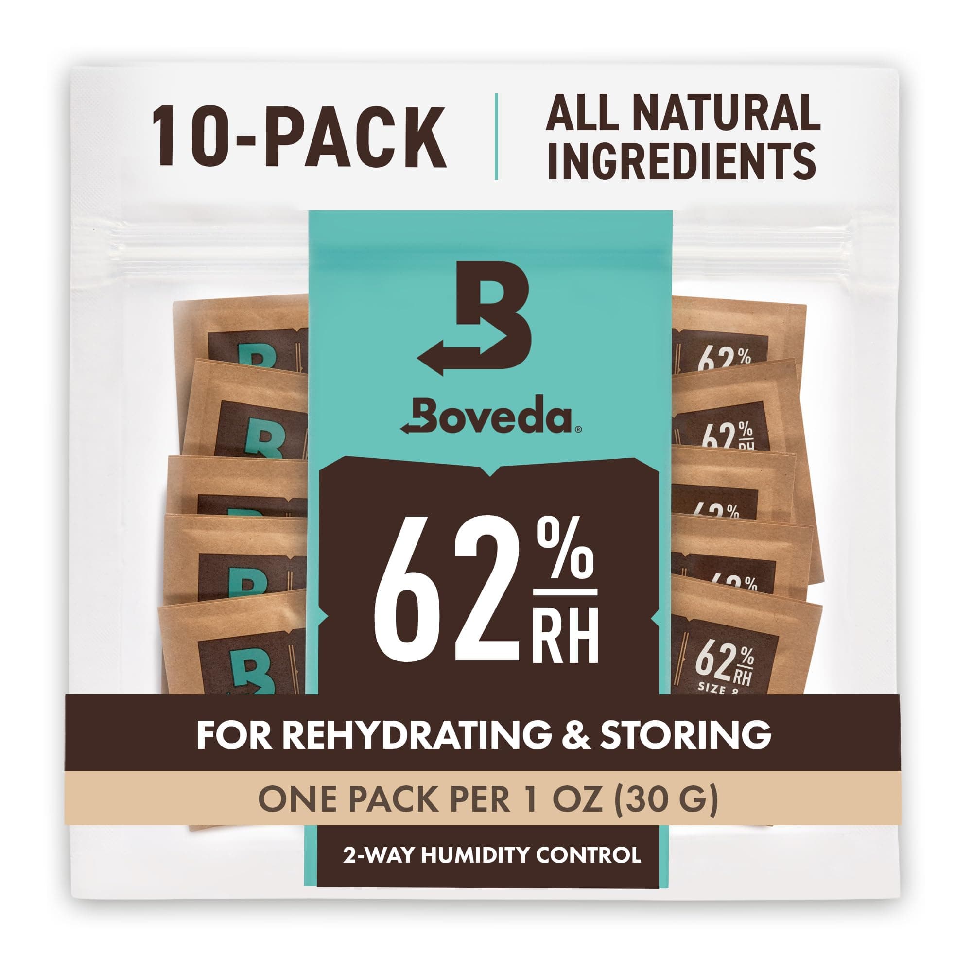 Boveda 62% RH 2-Way Humidity Control | Size 8 in 10-Count Resealable Bag