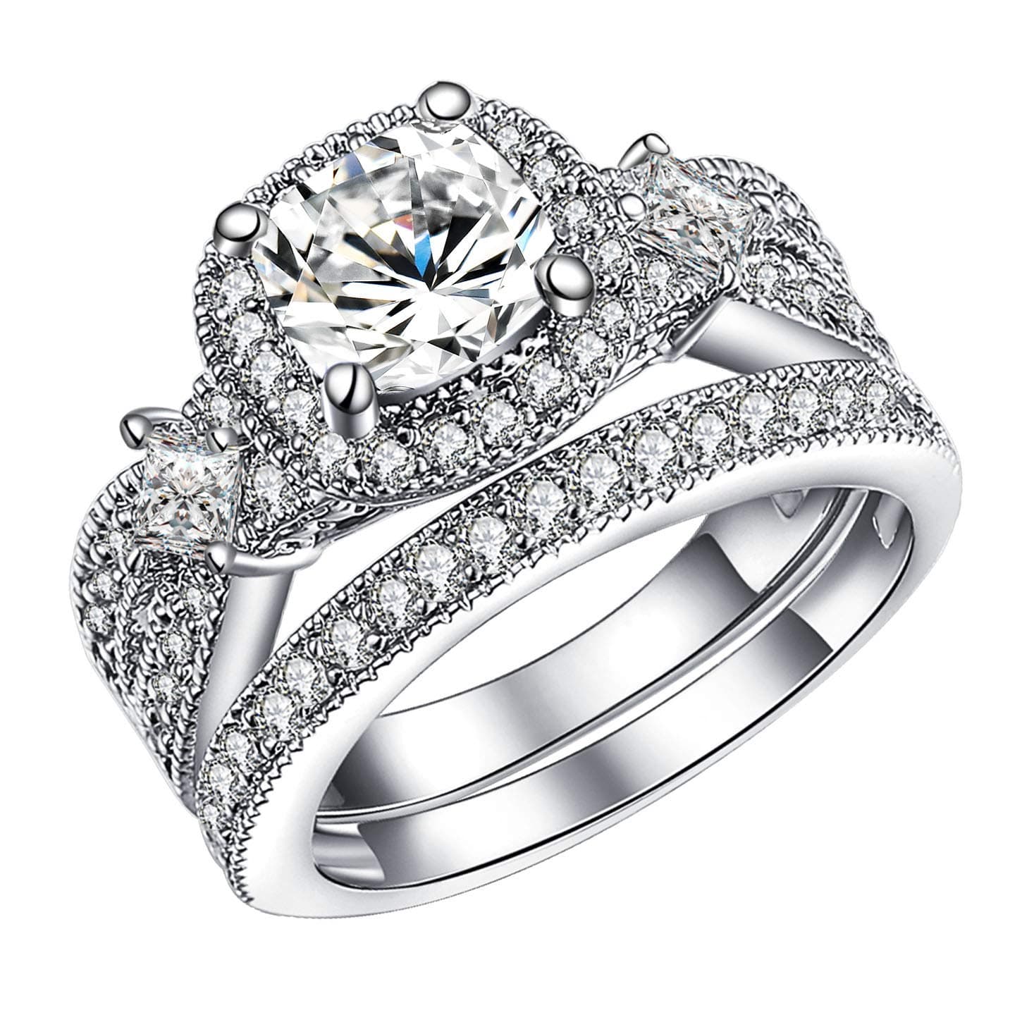 GuqiGuli 925 Solid Sterling Silver Bridal Wedding Band Engagement Ring Sets with Cushion and Princess Cut Cubic Zirconia