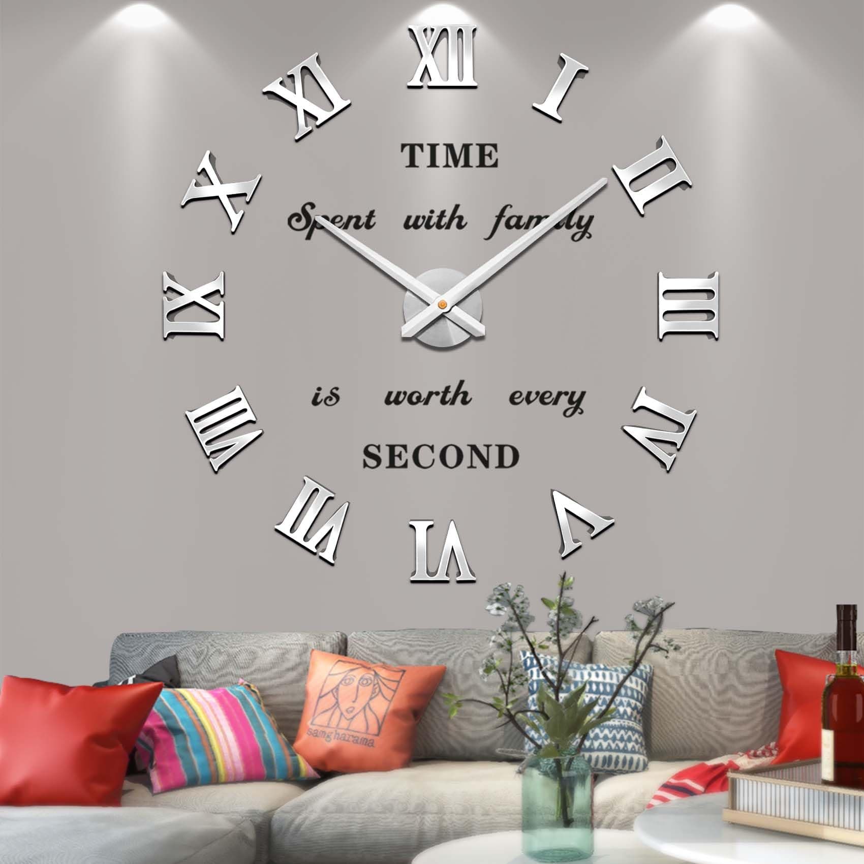 Mute DIY Frameless Large Wall Clock Roman Numerals 3D Mirror Sticker Home Office Decorations (Silver)