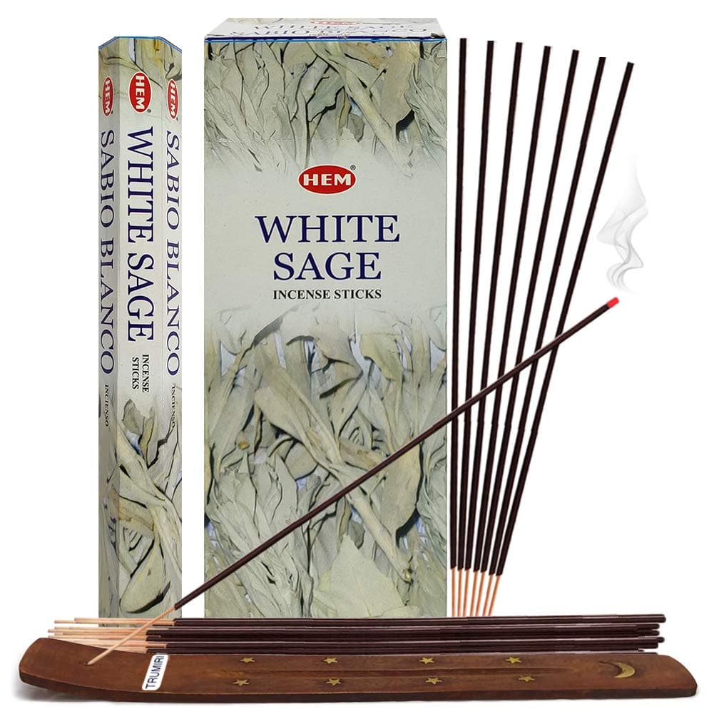 Incense Stick Holder Bundle with Hem White Sage 20g Incense Sticks - Pack of 6 (Approx 120 Sticks)