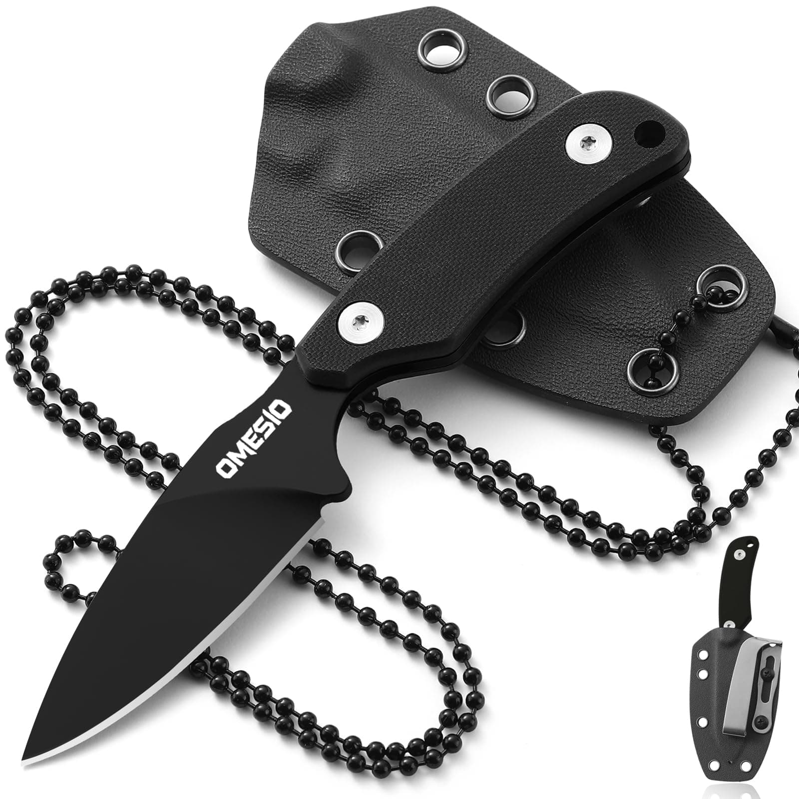 EDC Fixed Blade Knife, 5.82" Neck Knife with Sheath and Necklace, D2 Steel 2.99-Inch Blade, Small Full Tang Knife with Clip G10 Handle for Fishing, Hiking, Camping (Black Blade + Black Handle)