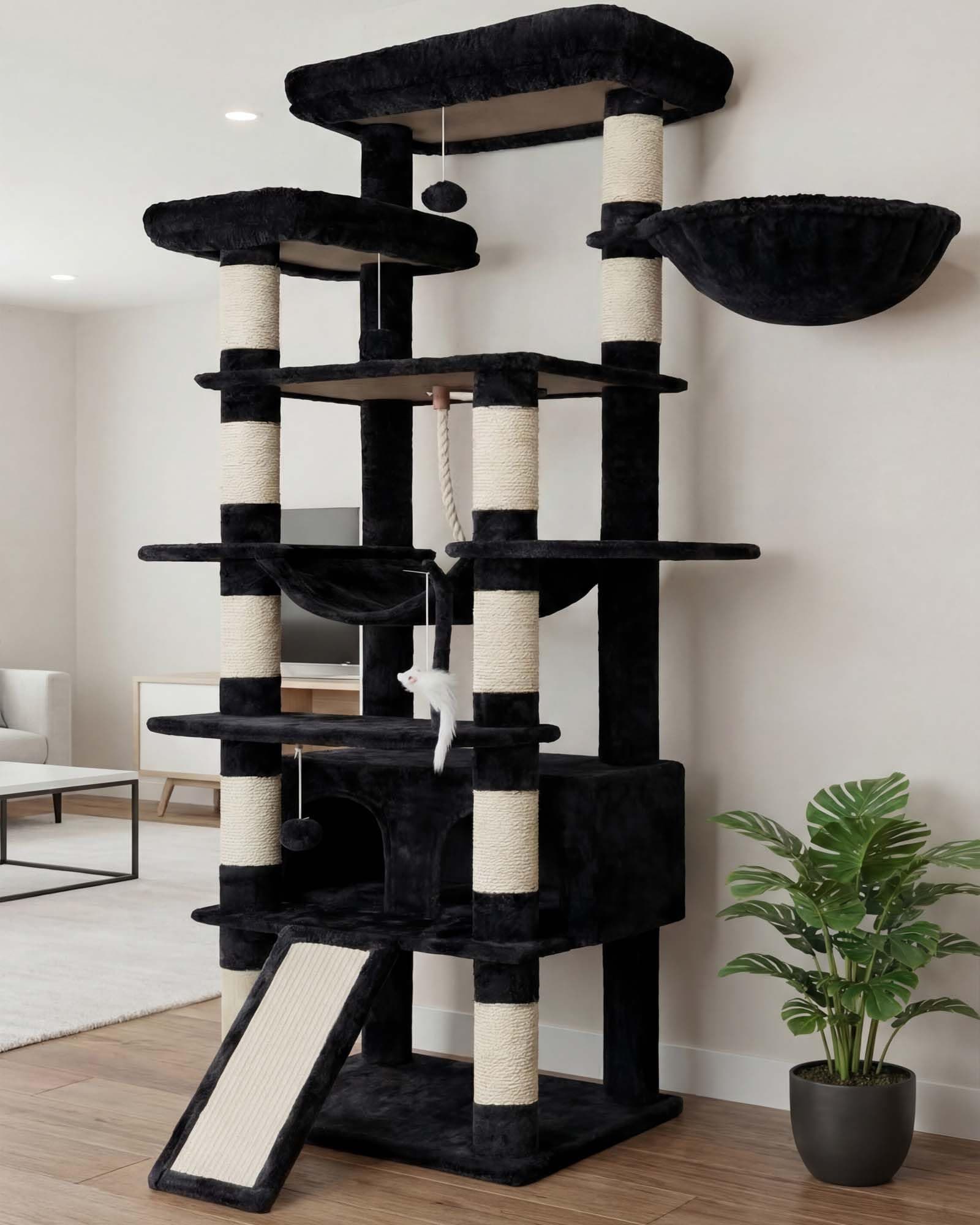 Heybly Tall Cat Tree, 78-inch Multi-Level Cat Tower for Indoor Cats, 2 Widened Plush Perches Cat Condo with Scratching Board and Big Caves, Smoky Gray HCT033G