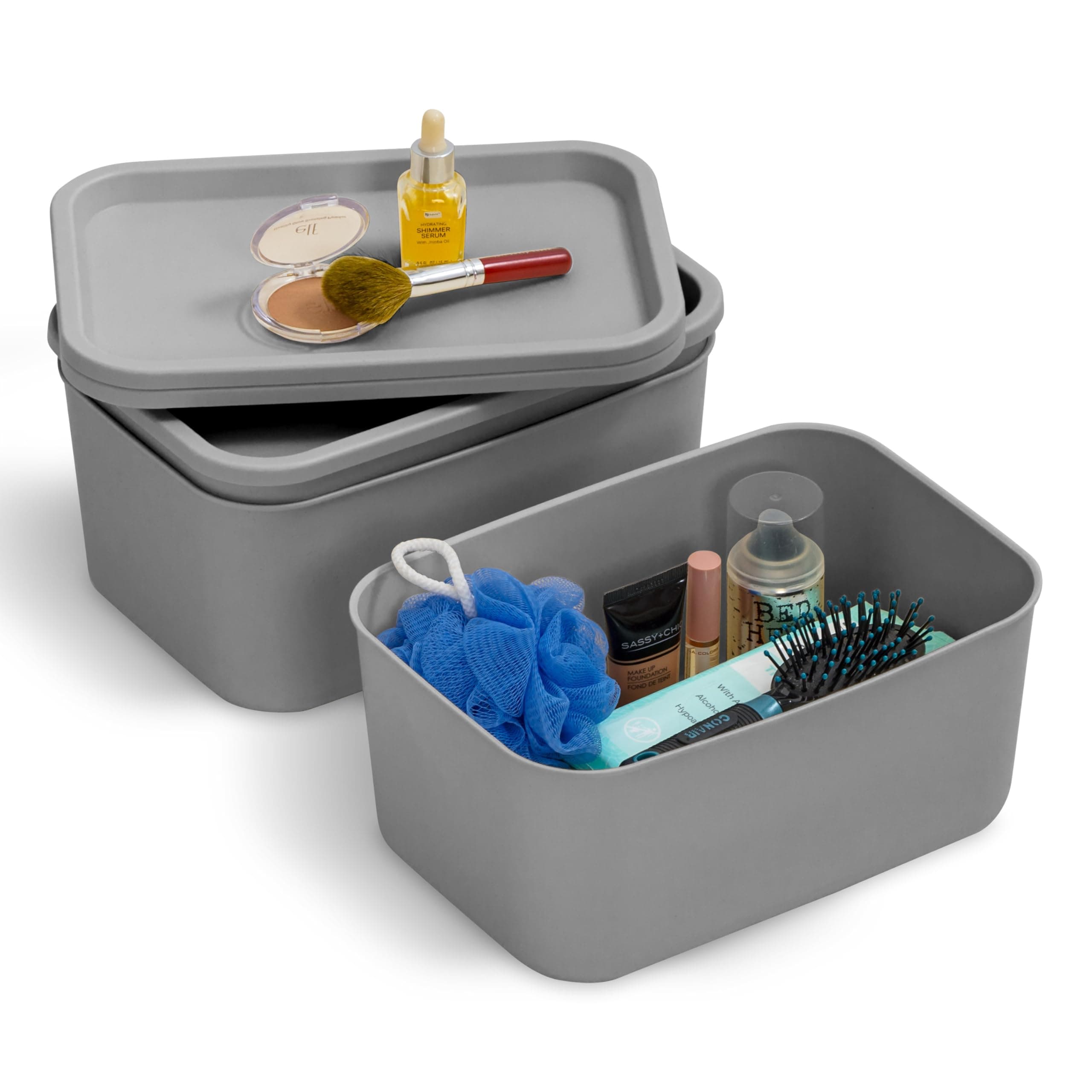Set of 3 Plastic Storage Boxes with Non-Snap Lid, Stackable, for Kitchen, Bathroom, Bedroom, Dressing Room, Office, Solid & Durable Organization, SNL-S
