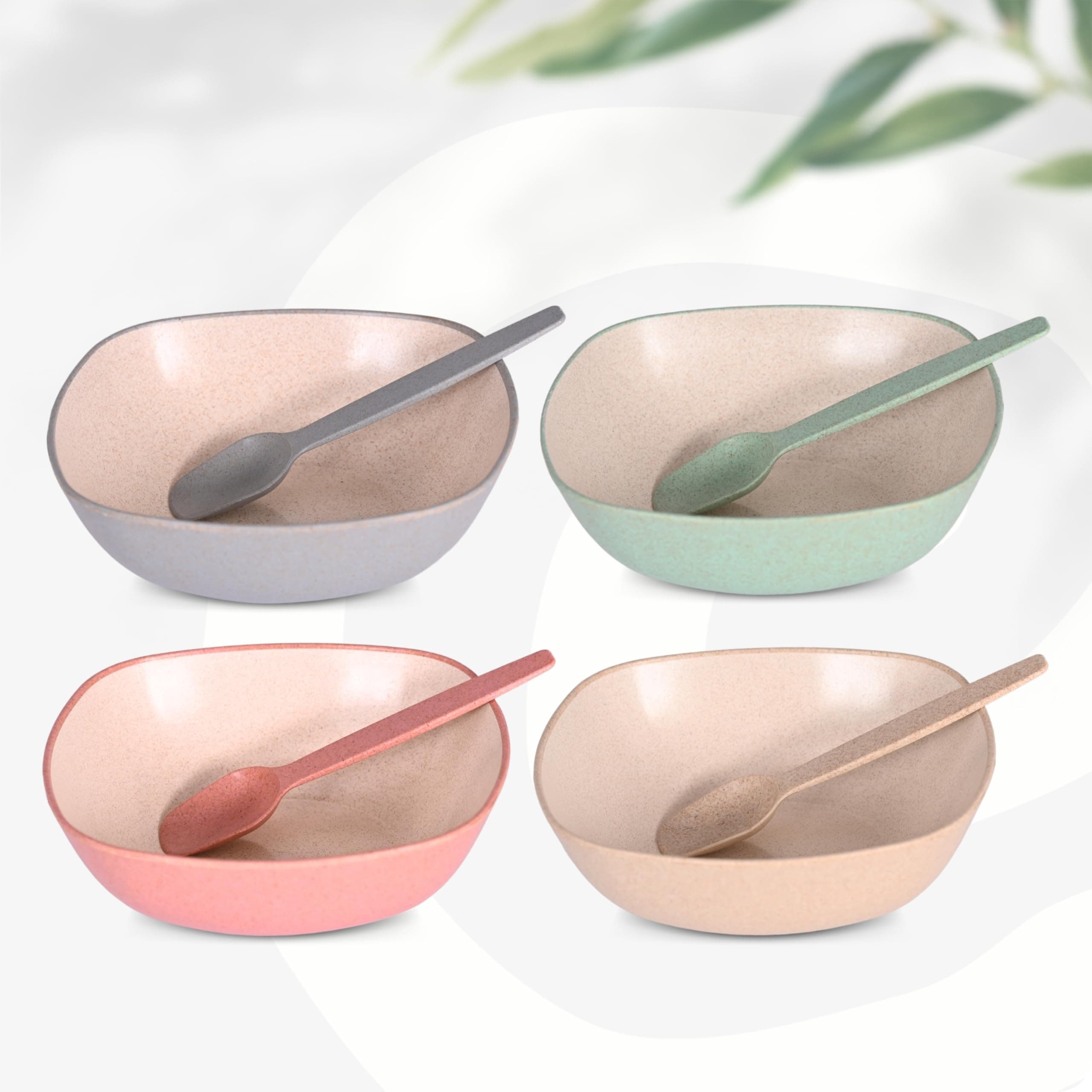 Eha Set of 4 Earth-Friendly Multipurpose Bowls for Kitchen with Spoons | 750 ml | Made with Rice Husk Biocomposite| Microwave Safe Bowl | for Hot & Cold Serving Bowl Set | Multicolor