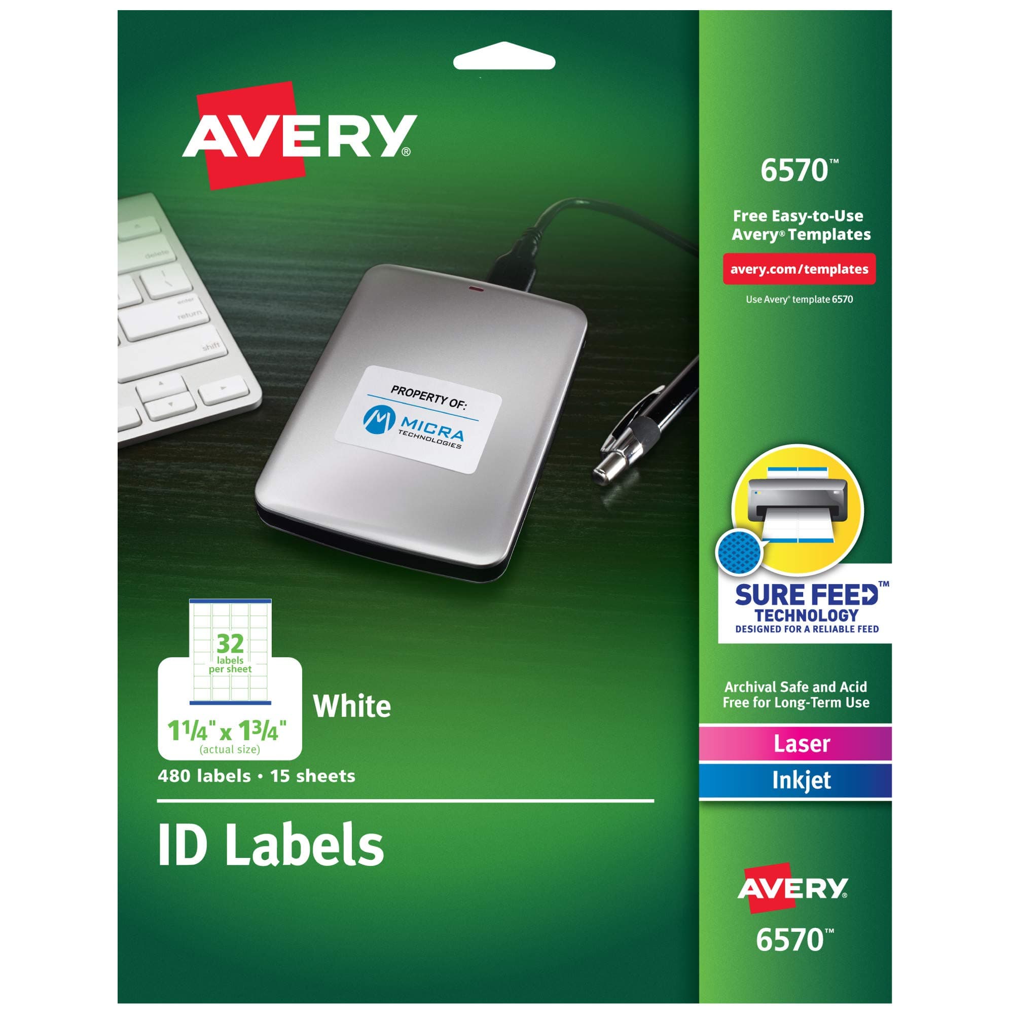 Avery Permanent ID Labels for Laser and Inkjet Printers, 1.25 x 1.75 Inch, White, 480 Labels (6570)