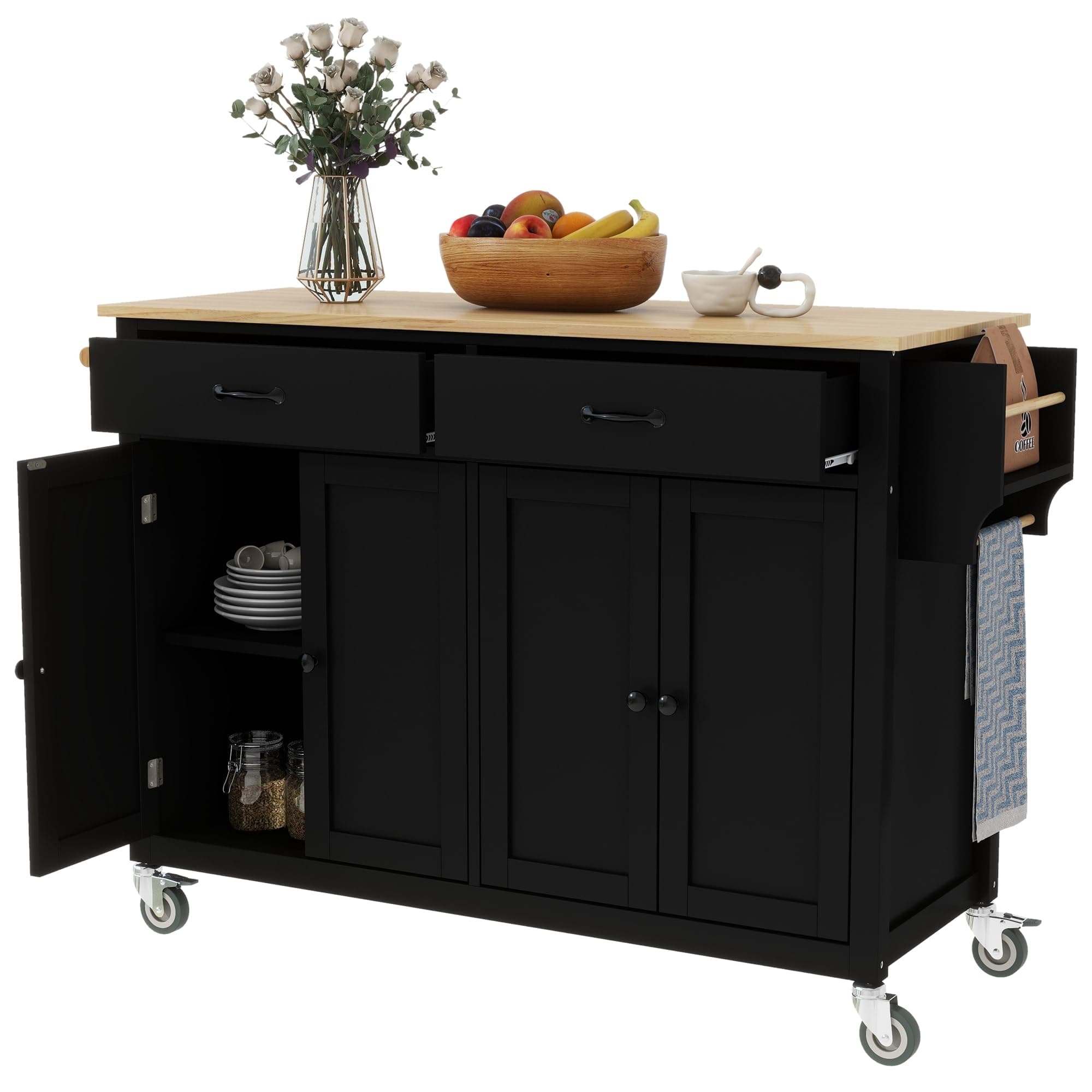 Rolling Kitchen Island with 2 Cabinets and 2 Drawers, Large Kitchen Table with Solid Wood Top, Portable Islands on Wheels for Dining Room Living Room, Black