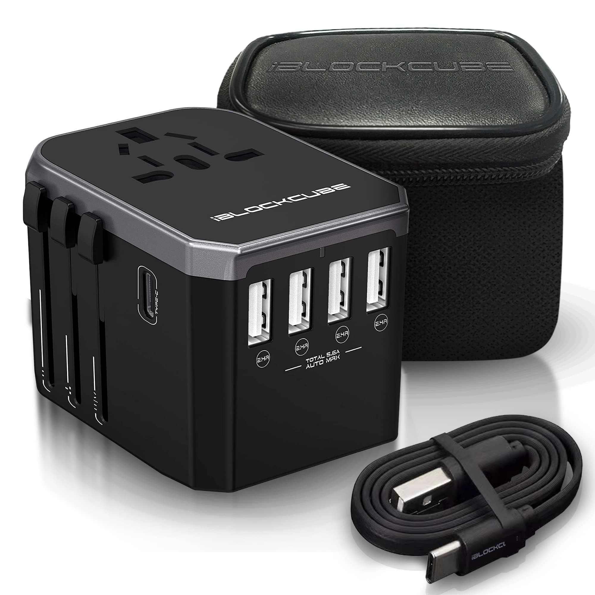 Universal Travel AC Power Plug Adapter with International Socket | 4 USB 5.6A + 1 Type-C 3.0A Multiple Electrical Ports for US EU AU UK up to 150+ Countries Worldwide Type A G I (Silver)