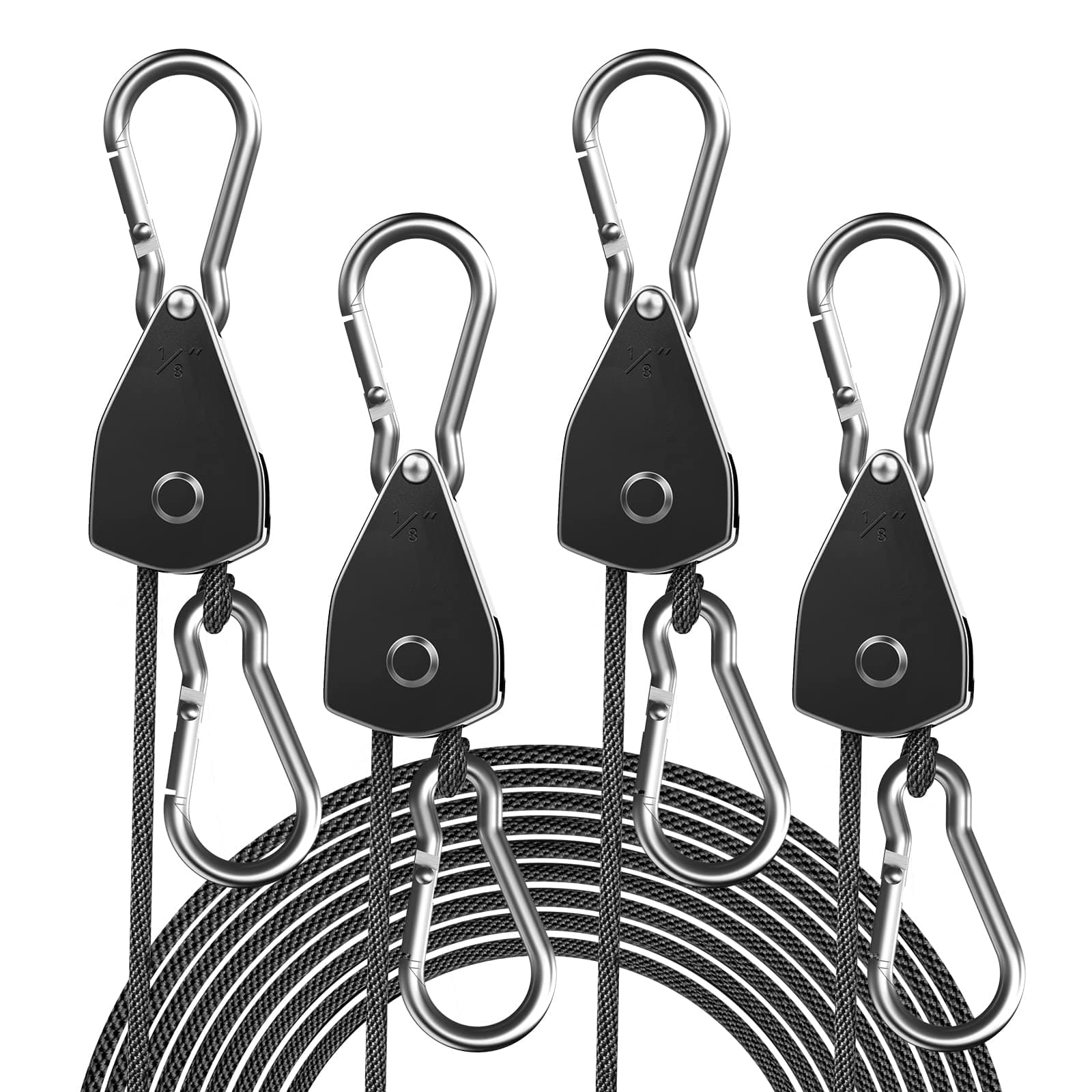 4-Pack 1/8" Adjustable Rope Hanger, Heavy Duty Ratchet Tie Down Strap with Reinforced Metal Gear, Ratcheting Pulley System Bungee Cord for Hanging Plants Grow Light and Various Tie-Down Uses
