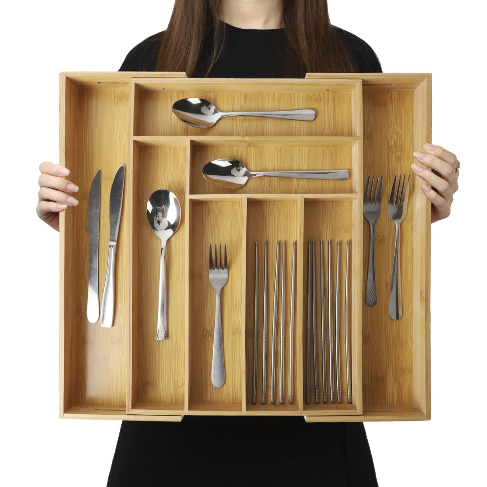 Expandable Bamboo Kitchen Drawer Organizer – Silverware Organizer, Utensil Holder & Cutlery Tray Drawer Dividers for Flatware (20"x16.9" Large Size, 8 Slot, Natural)
