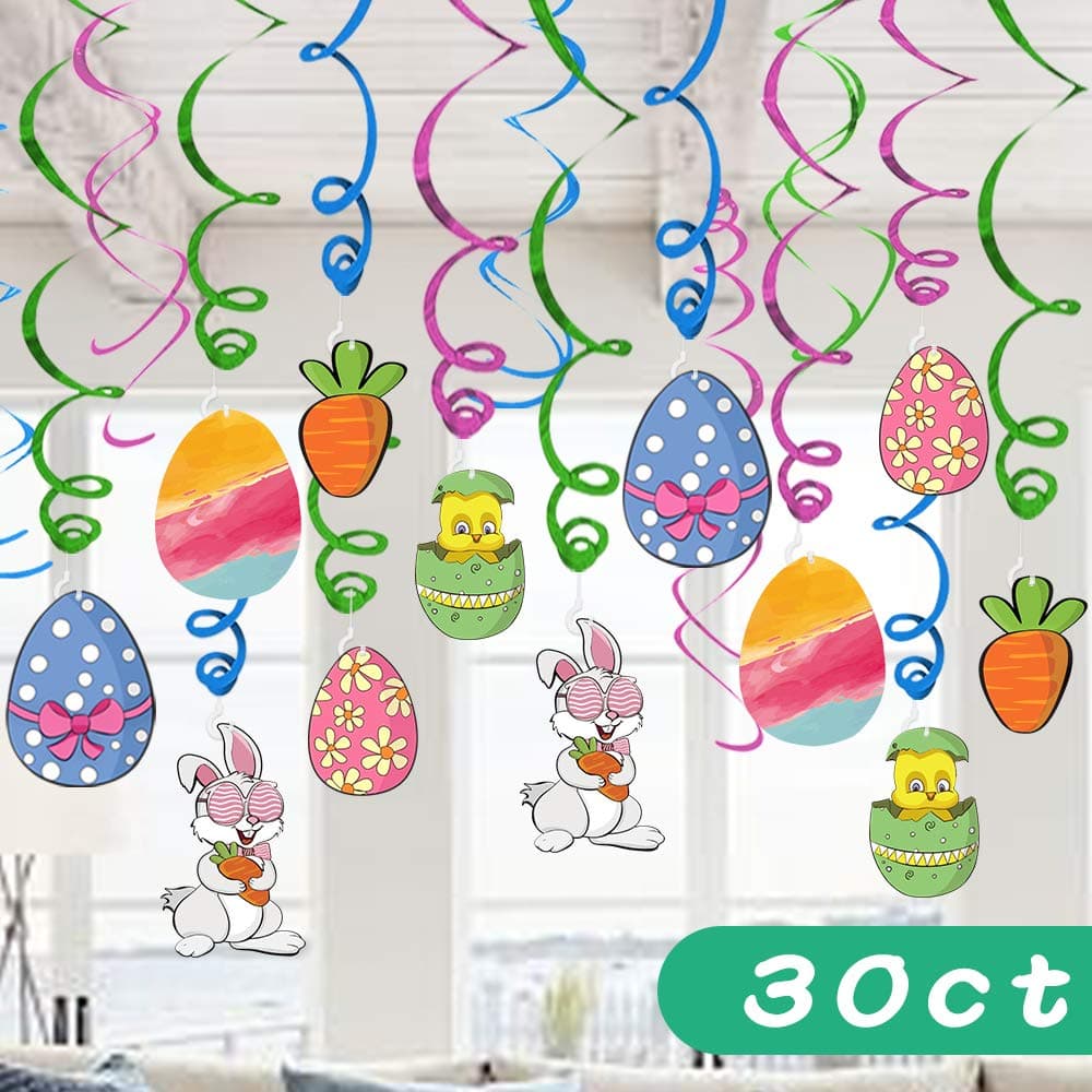 Ivenf Easter Decorations Hanging Swirl, Kids School Home Office Easter Eggs Bunny Carrot Accessories Party Supplies Gifts, 30 pcs