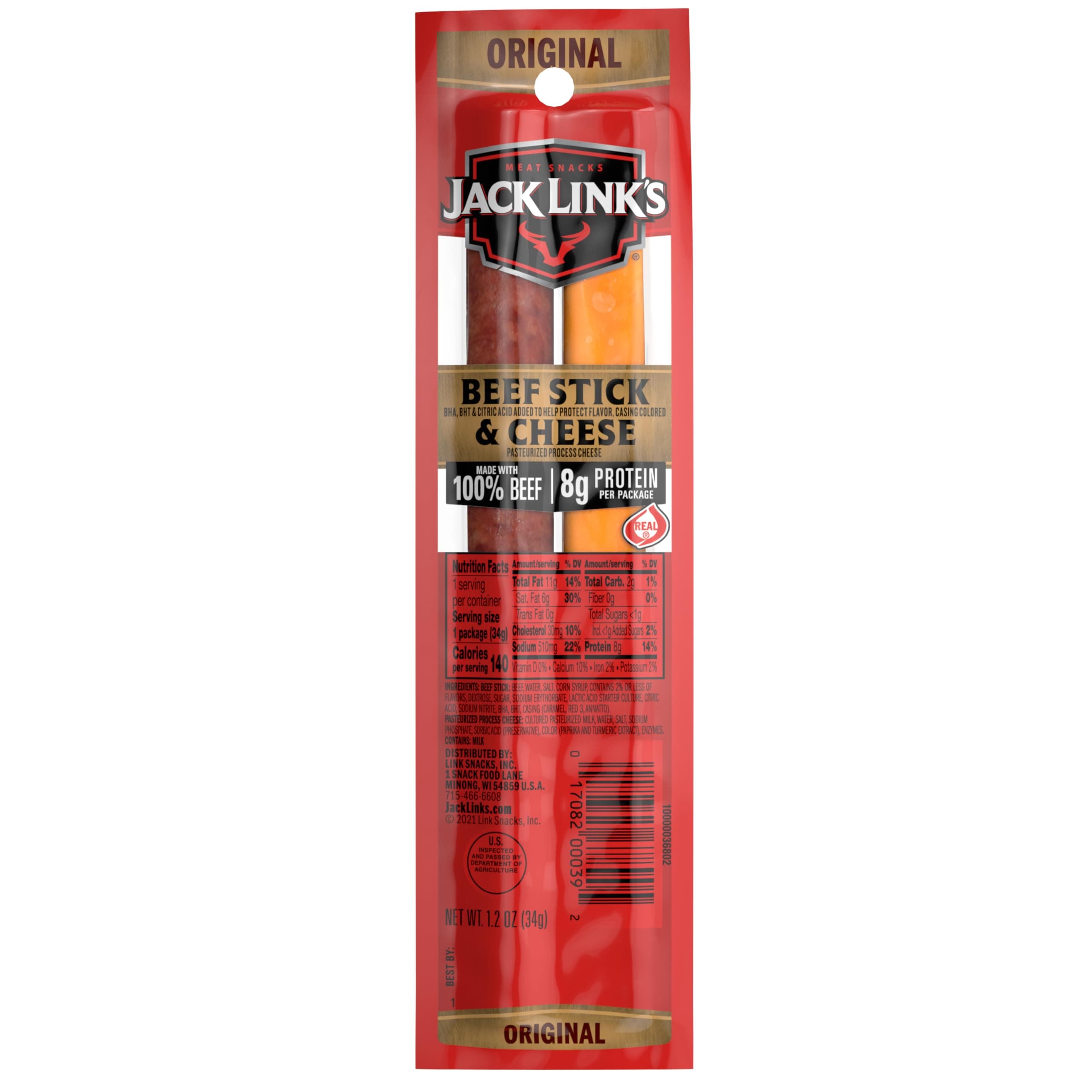 Original Beef & Cheese Combo Snack Pack – 100% Beef Stick and Cheese Stick Made with Real Wisconsin Cheese - 8g Protein and 140 Calories per serving, 1.2 oz. (Pack of 16)