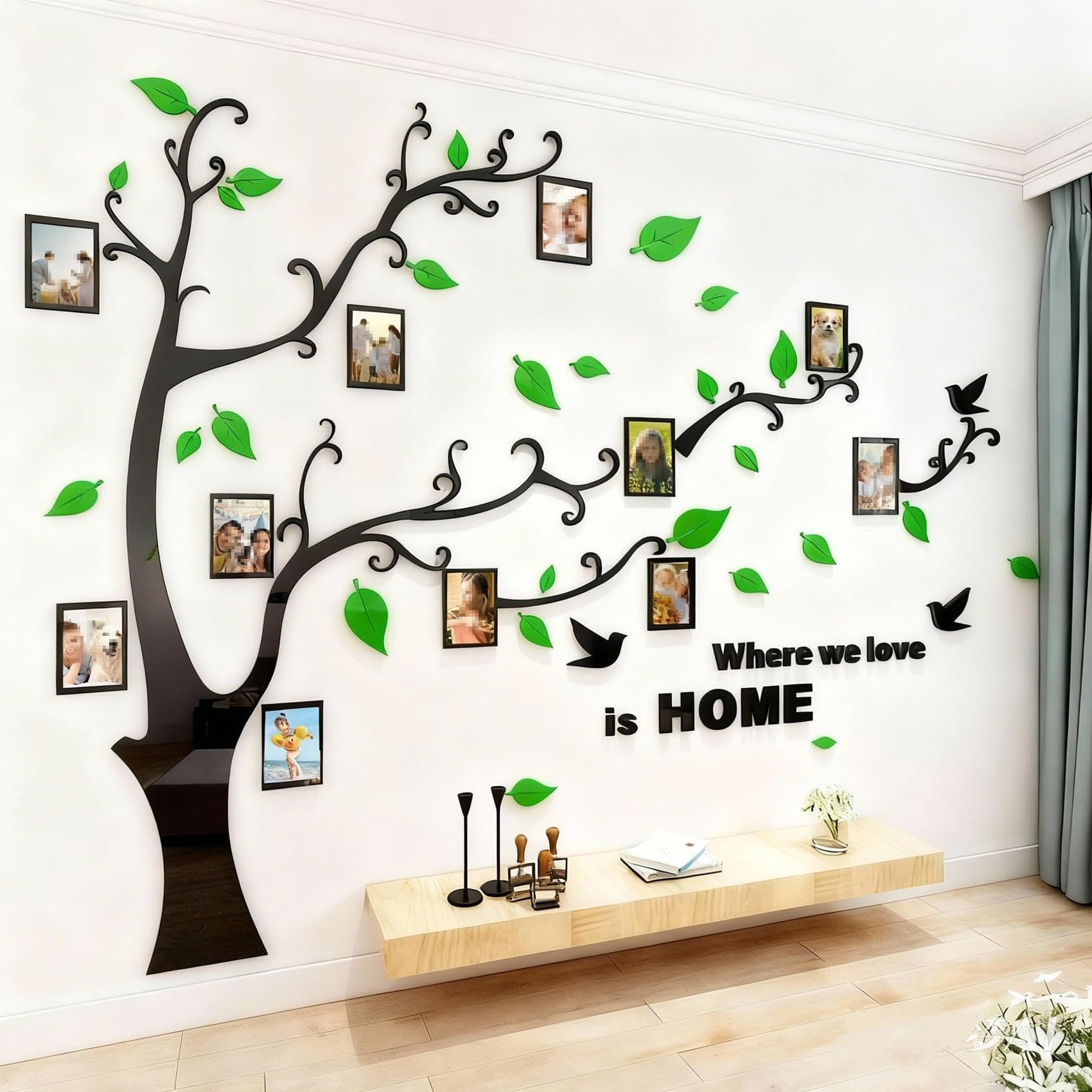 3D Tree Wall Stickers - DIY Photo Frame Tree Wall Decal Family Photo Frame Sticker Murals Wall Décor for Nursery Living Room Bedroom TV Background Home Decorations (M:83x59in,Green Right)