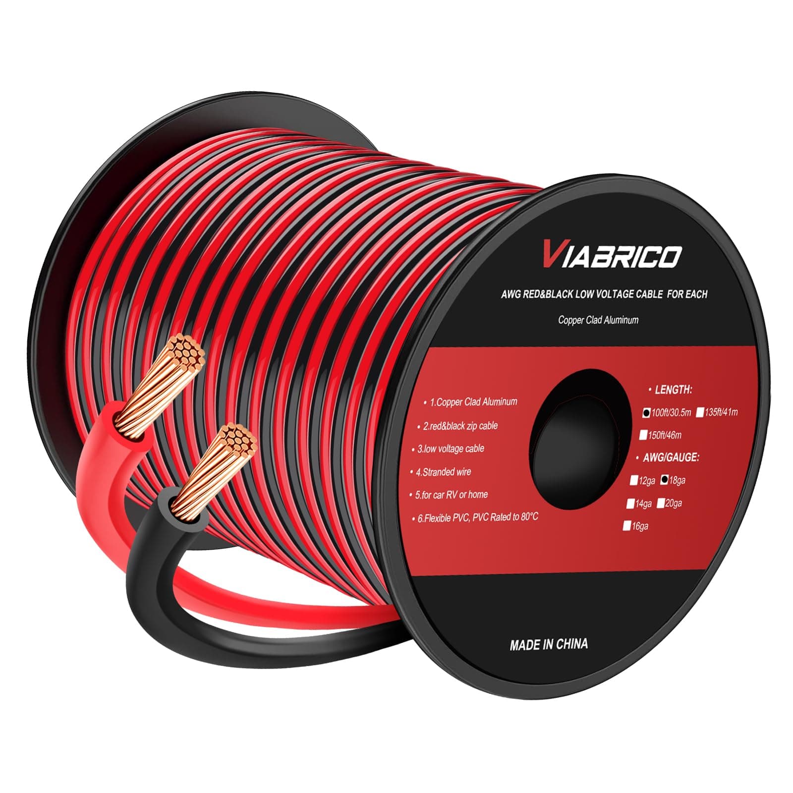 18AWG 100FT Electrical Wire Cable 2 Conductors Red Black Cable Hookup LED Lighting Strips Flexible Wire Extension Cord 18 Gauge Copper Clad Aluminum Copper Wire 12V/24V DC Cable