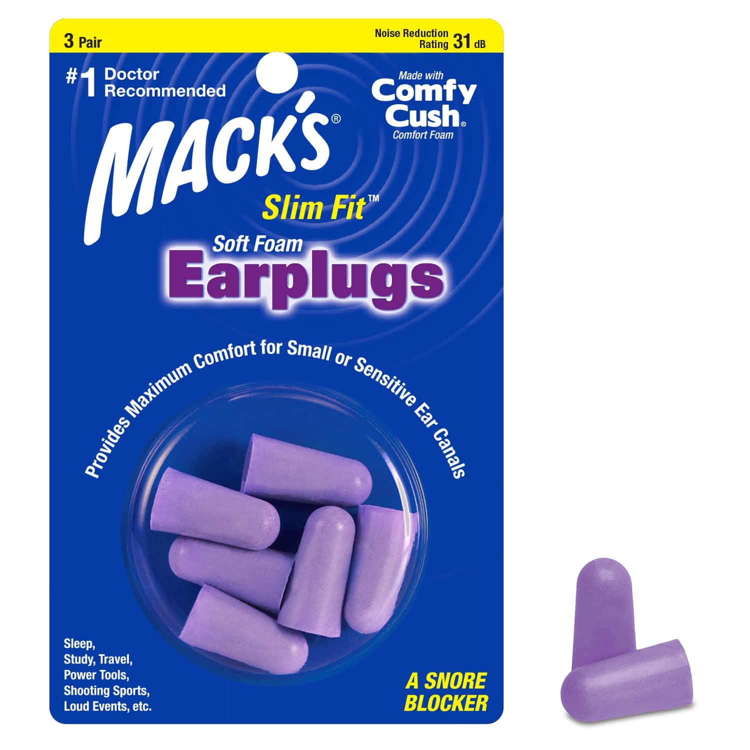 Slim Fit Soft Foam Earplugs, 3 Pair - Small Ear Plugs for Sleeping, Snoring, Traveling, Concerts, Shooting Sports & Power Tools | Made in USA
