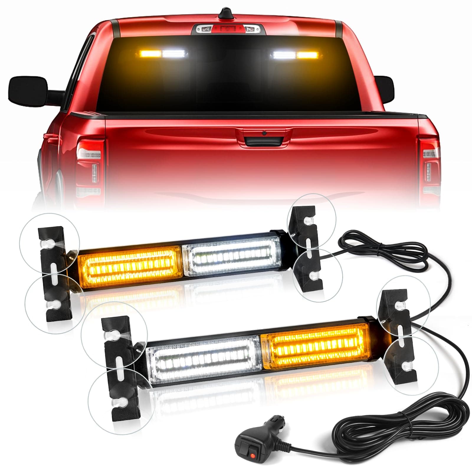 HLauto 1002L Emergency Strobe Traffic Advisor Light Bar: 40 LED Dash Safety Warning Flashing Light, Front/Rear Windshield Visor for Construction Vehicle, Tow/Plow Truck (2x10.7inch, Amber White)