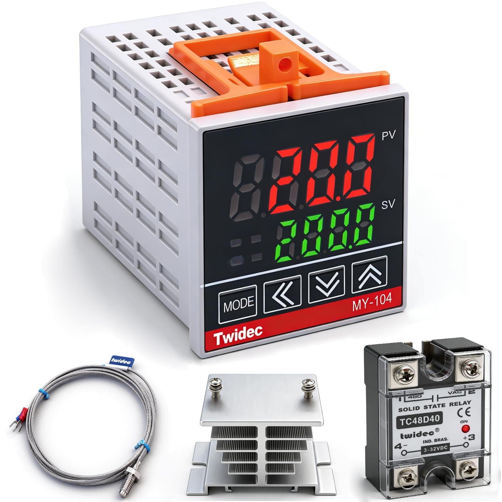 Twidec/MV100-B10 Digital Display PID Temperature Controllers Thermostat Regulator AC 85V - 265V MY-104+ K Sensor Thermocouple + Heat Sink and Solid State Relay SSR 40 DA