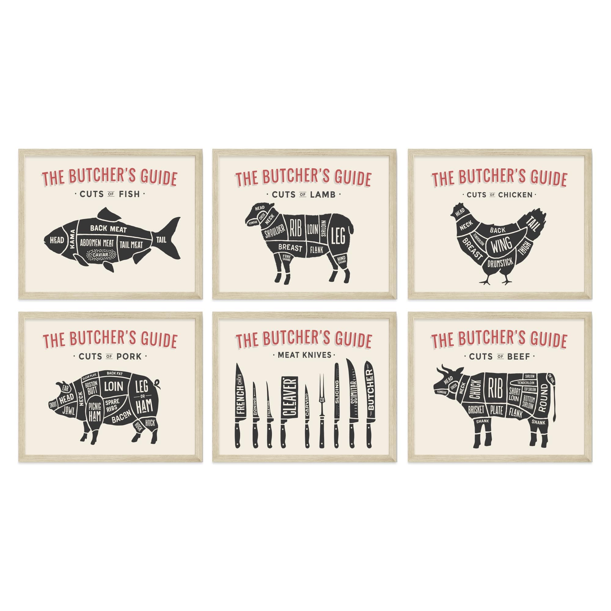 TnT Prints TMO2 Butcher Guide Poster - Beef Poster, Cow, Culinary Posters - Culinary Classroom Decor, Meat Cutting Chart - Butcher Posters Meat Cuts, Cow Butcher Chart - Unframed Set of 6 (8x10)