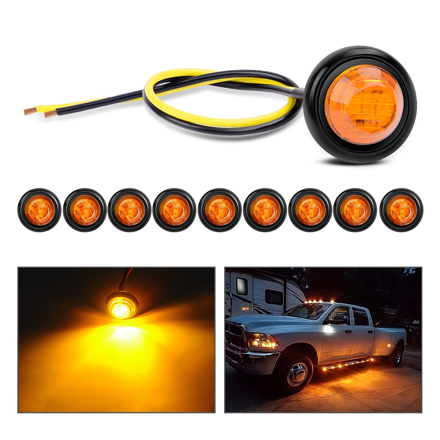 TL-03 10 PCS 3/4” Round Clearance LED Front Rear Side Indicator Bullet Marker Light for Truck RV Car Bus Trailer Van Caravan Boat (12V, Amber), 2 Years Warranty