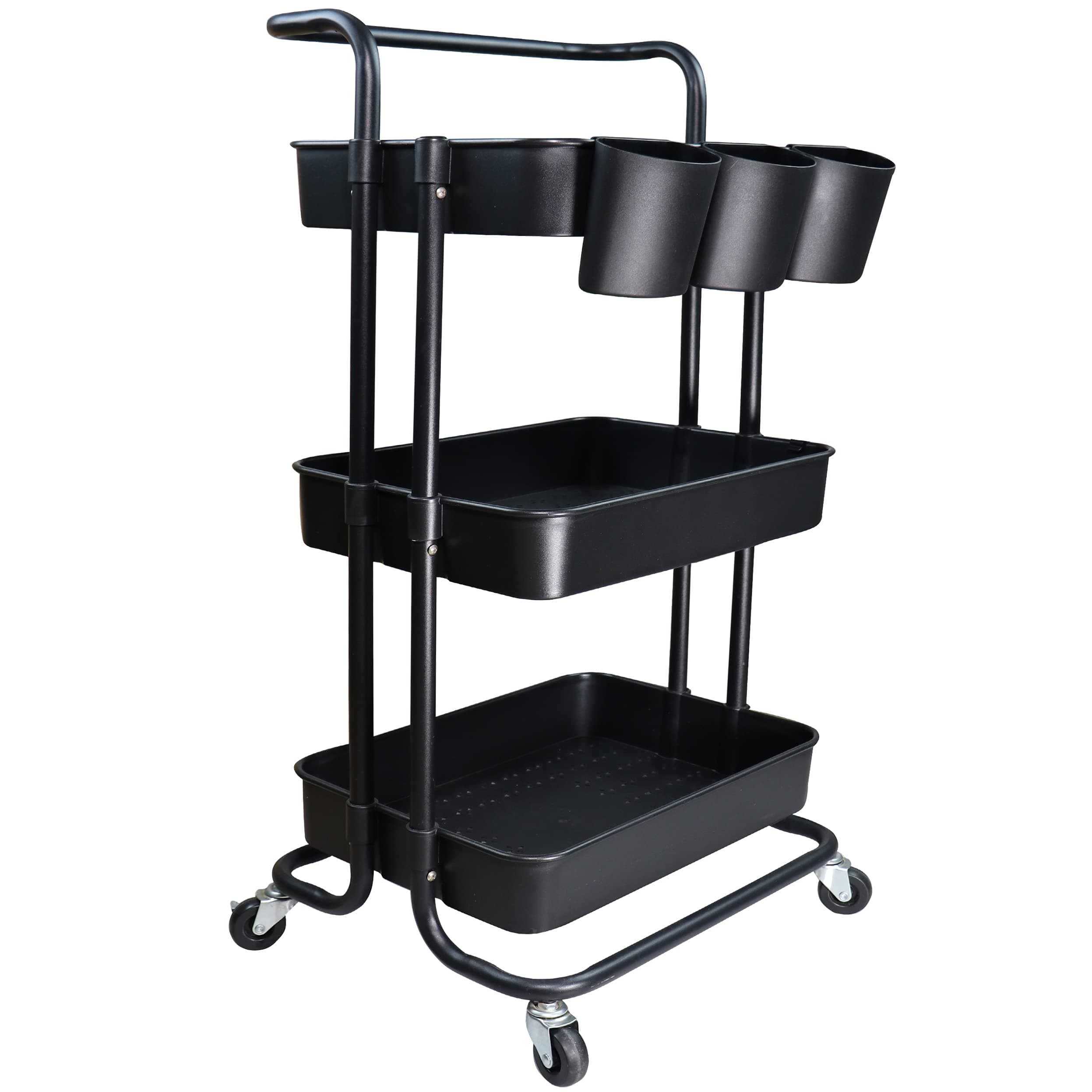 – 3 Tier Utility Rolling Cart Storage Organizer Shelf Multifunction Rack with 3PCS Hanging Cups for Home Office Kitchen Bathroom Store (Black)