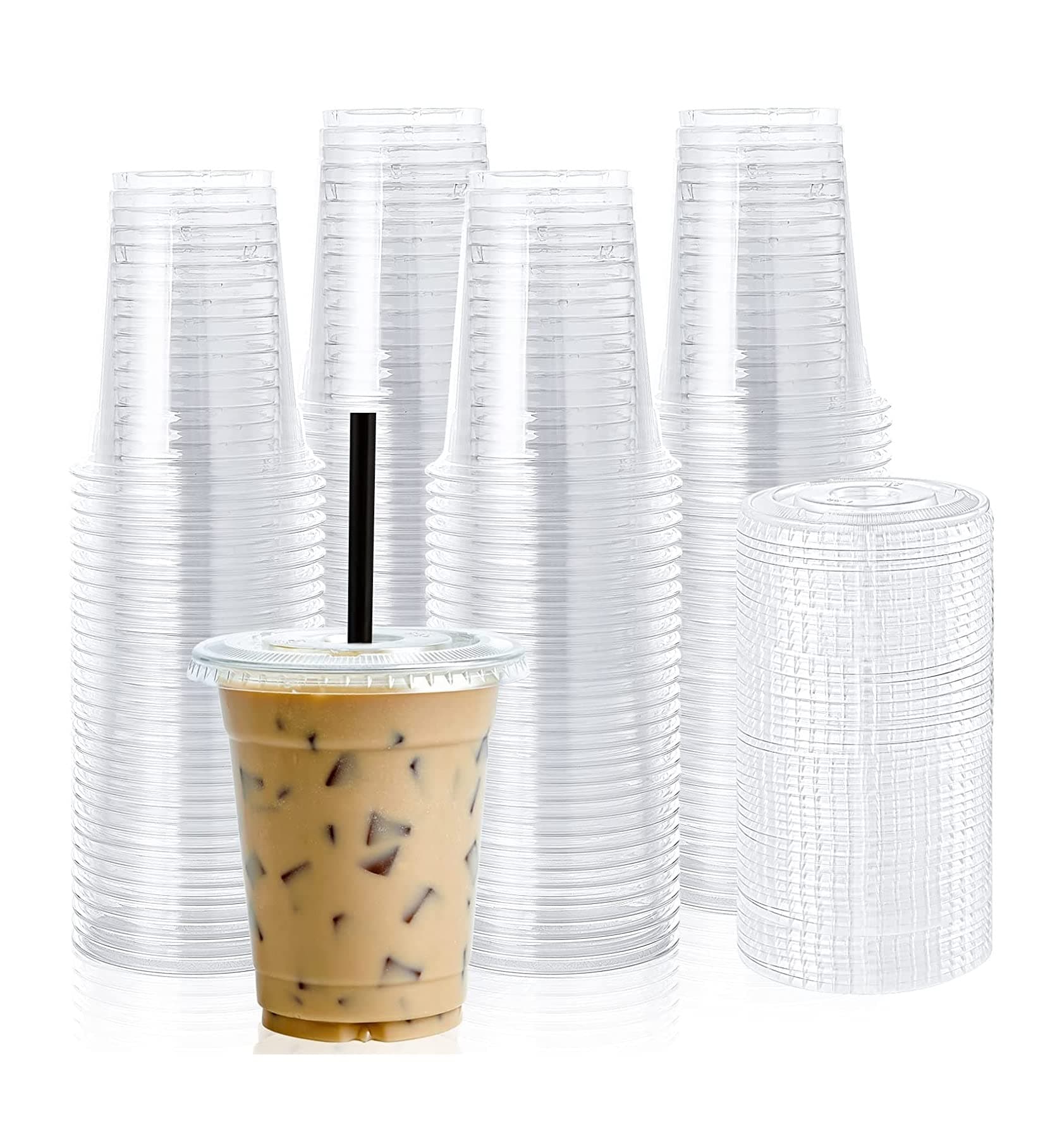 Vsell24™ 50PC Disposable Drinking Plastic Cup 12oz For Smoothie Coffee Water Juice Cups With Flat Lid Clear