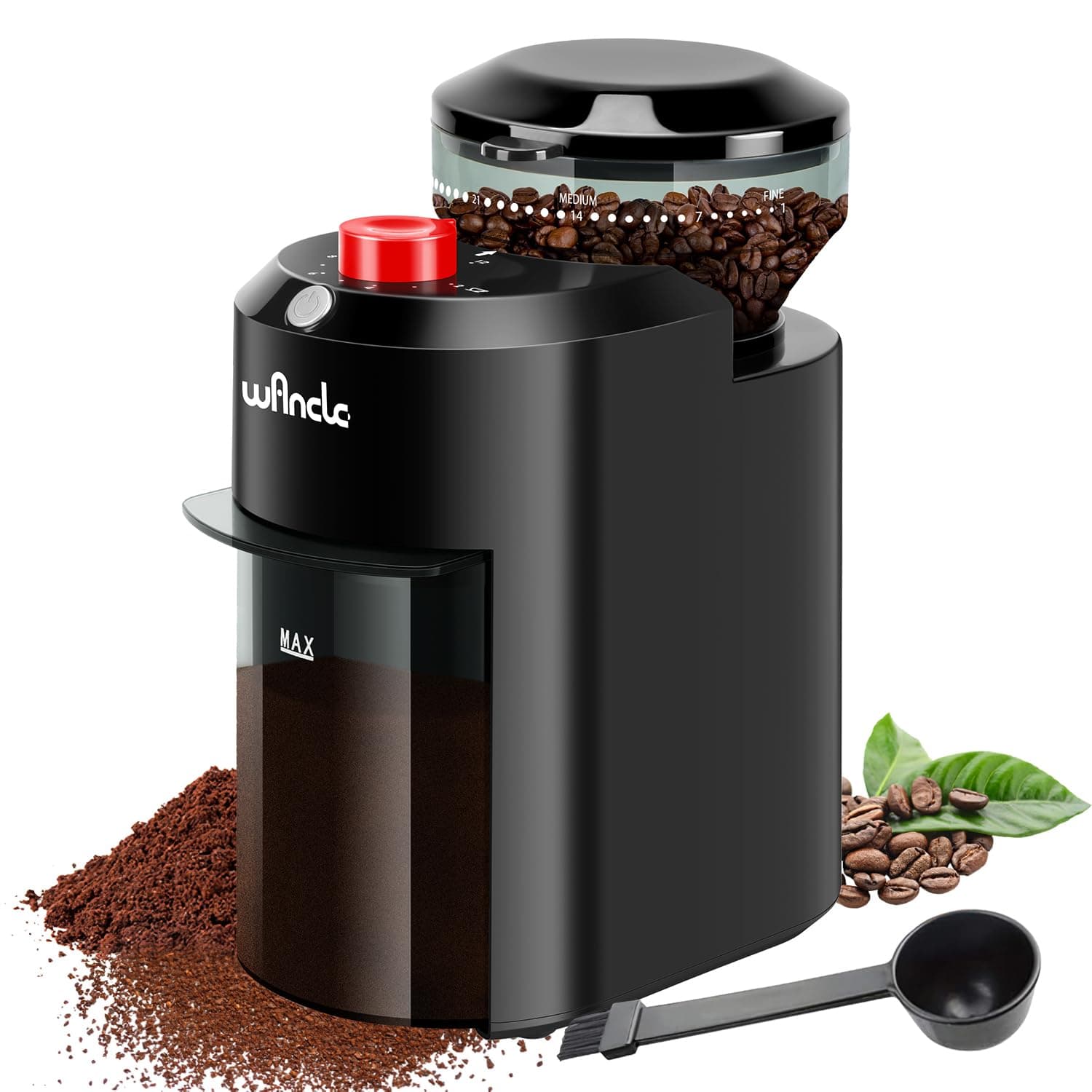 Wancle Electric Burr Coffee Grinder - Adjustable with 28 Precise Grind Settings for 12 Cups - Professional Coffee Bean Grinder (Plastic, Black+Red)