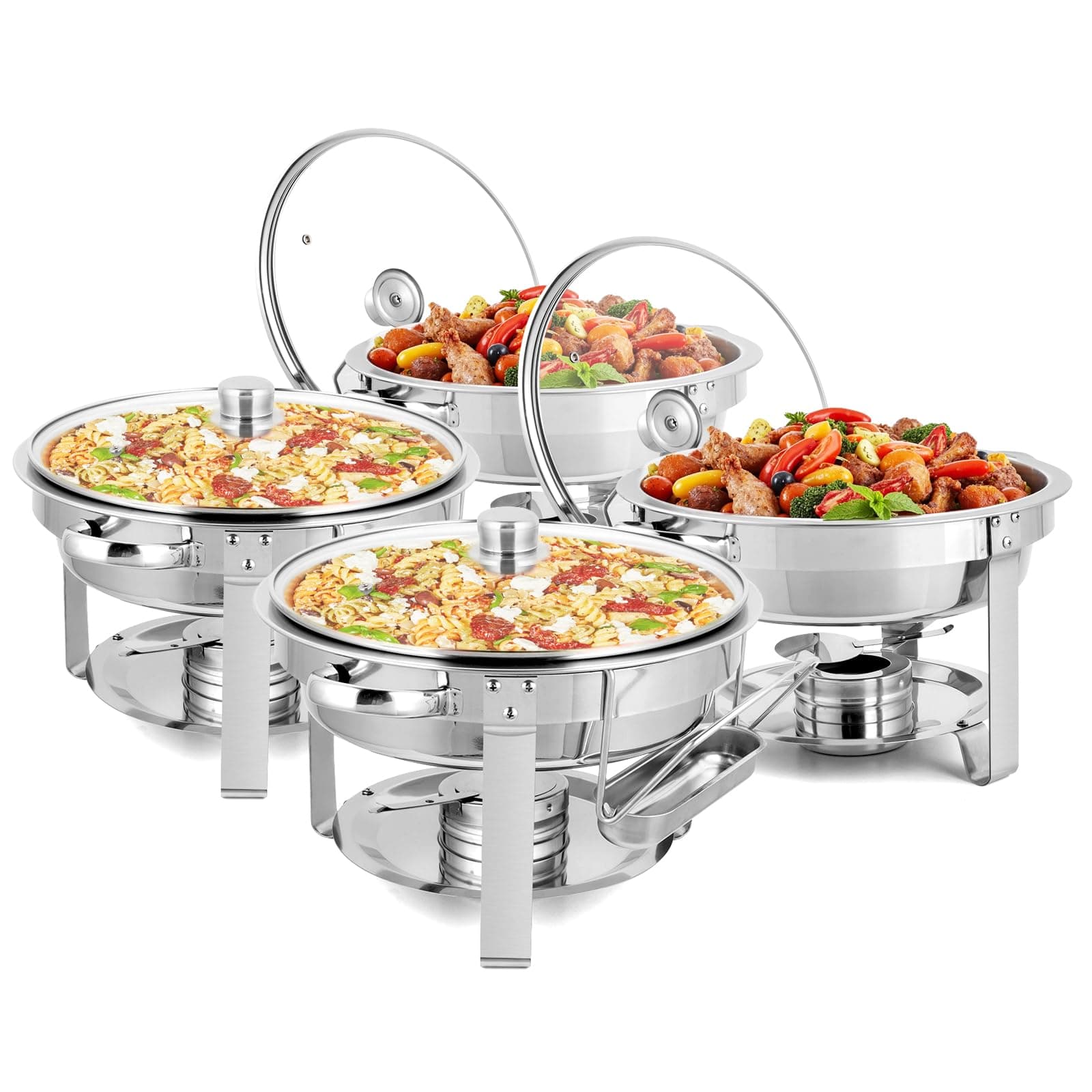 ROVSUN 5Qt 4 Pack Chafing Dish Buffet Set, NSF Stainless Steel Round Chafers for Catering, Buffet Servers and Warmers Set with Glass Lid & Lid Holder, Thick Stand Frame for Wedding Party Banquet Event