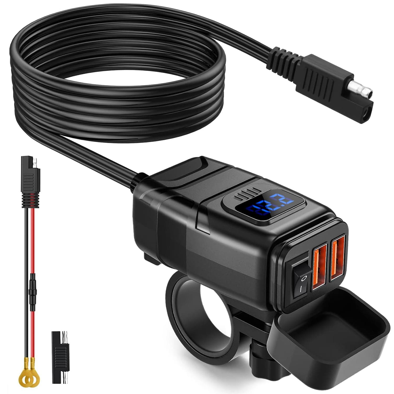 EXTRACTME - Motorcycle USB Charger, 6.8A, Quick Charge 3.0, Dual USB, Phone Charger with Voltmeter and On/Off Switch, SAE to USB Waterproof Disconnect Adapter