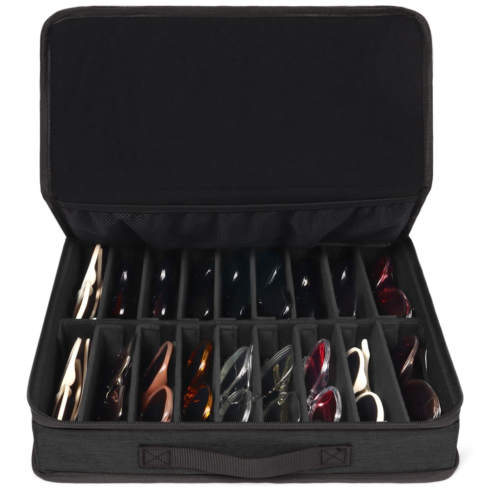 Sunglasses Organizer Case, 18 Adjustable Slots for Multiple Pairs Eyeglasses, Travel Glasses Holder Storage Box