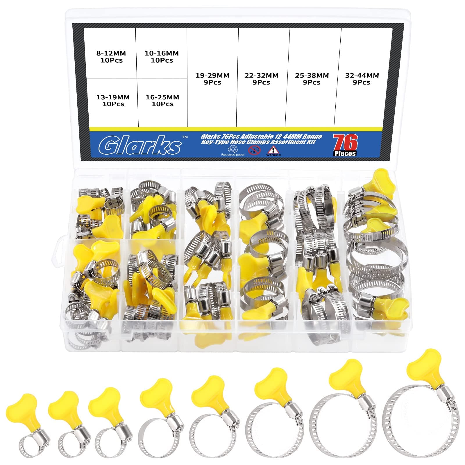 76Pcs Adjustable 8-44MM Range Hose Clamps Assortment Kit Key-Type Stainless Steel Worm Gear Hose Clamp with Plastic Handle for Water Pipe, Plumbing, Automotive and Mechanical Application