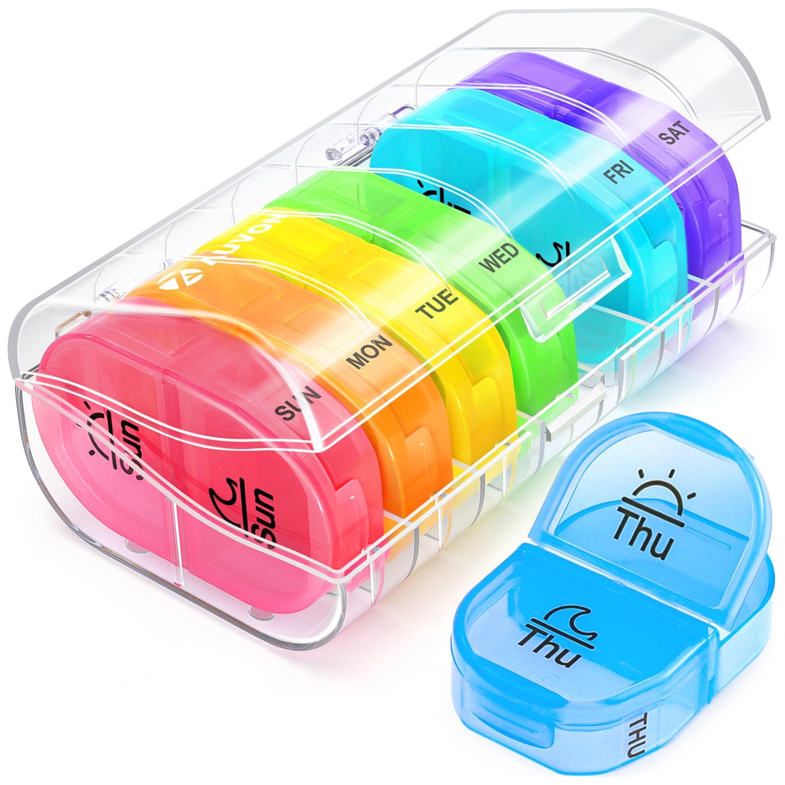 Pill Box Organiser, Travel Pill Boxes 7 Day 2 Times A Day with 7 Colorful Attachable Tablet Organiser for Medicine, Medication, Vitamin, Supplement and Fish Oil
